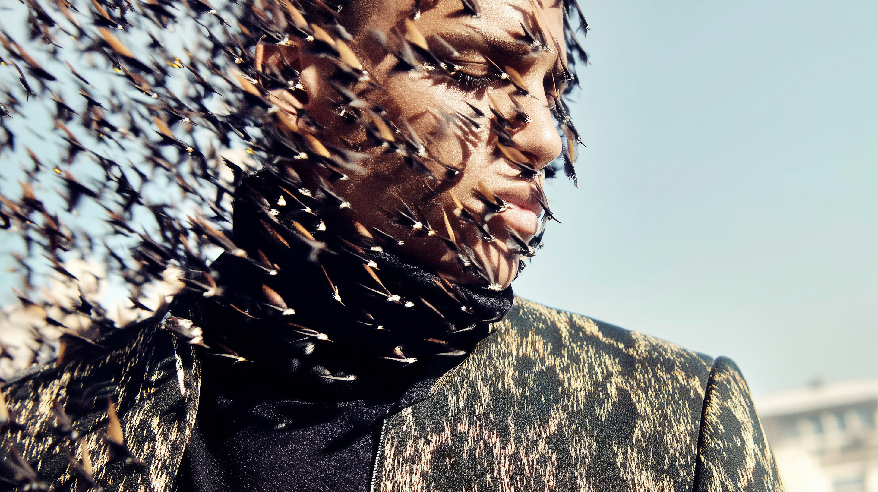plaintexta man dissolving into birds, symbolic transformation, cinematic style --s 1000