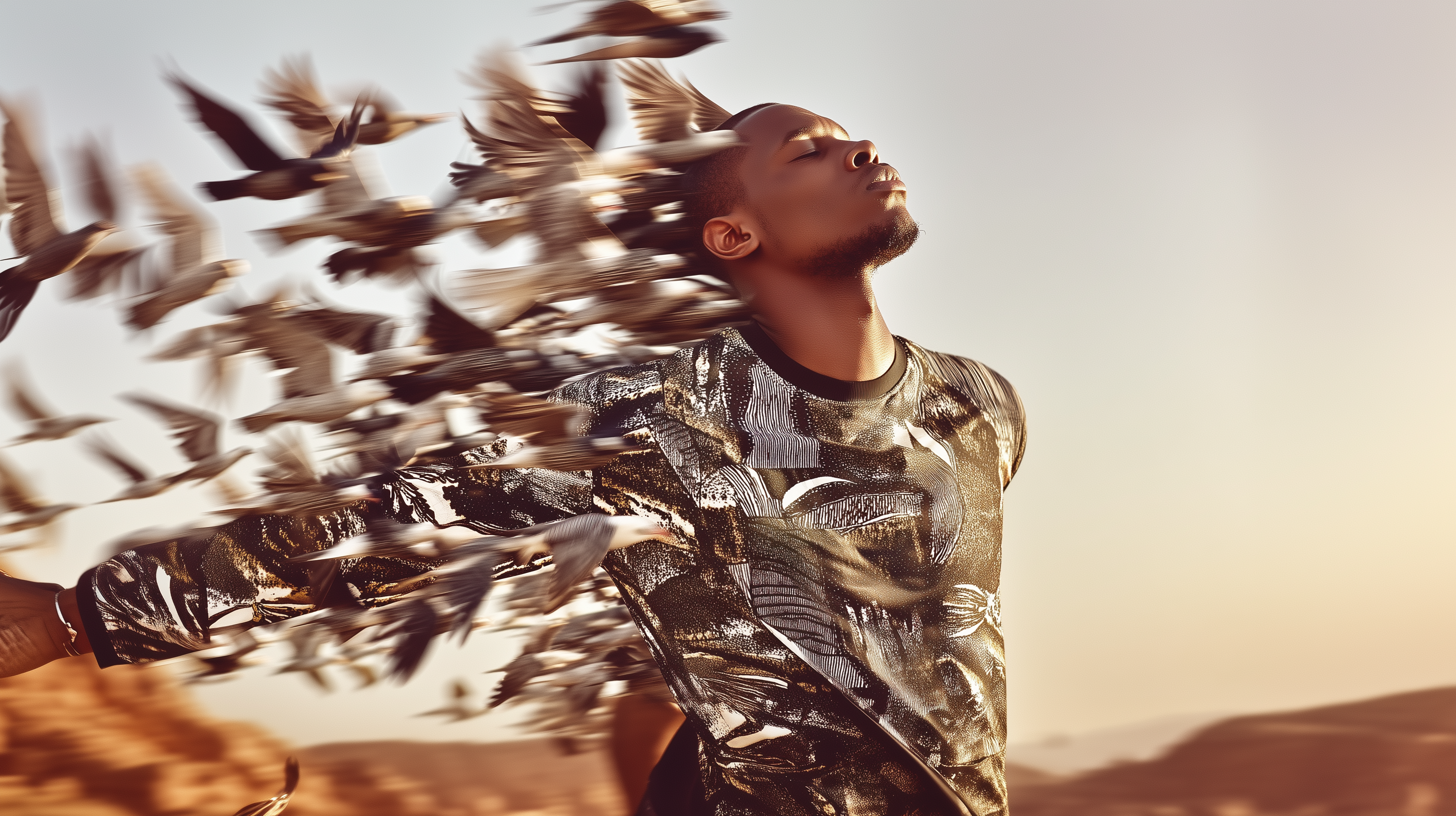 Version1 Prompt: plaintexta man dissolving into birds, symbolic transformation, cinematic style --s 250