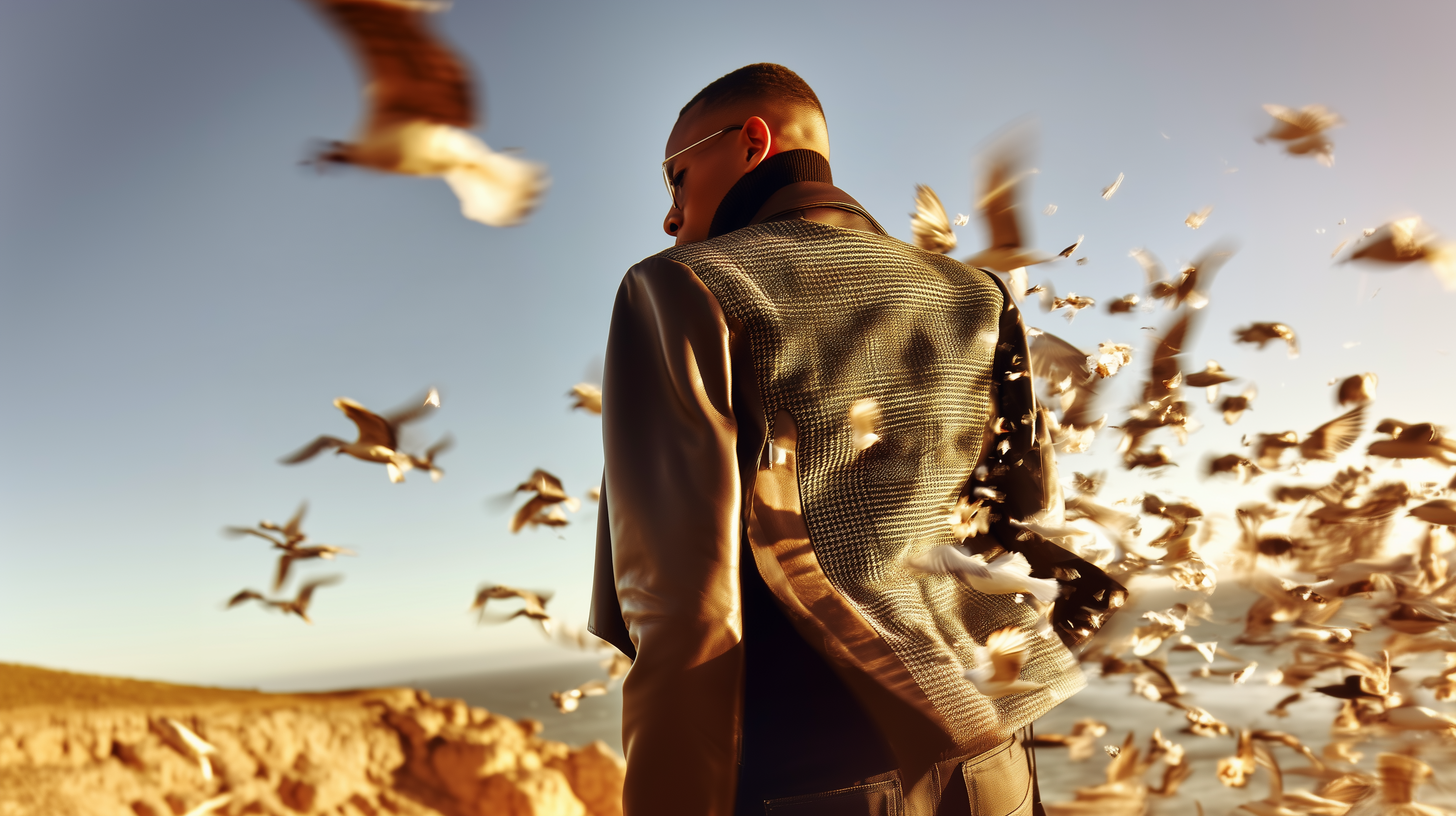 Version1 Prompt: plaintexta man dissolving into birds, symbolic transformation, cinematic style --s 500