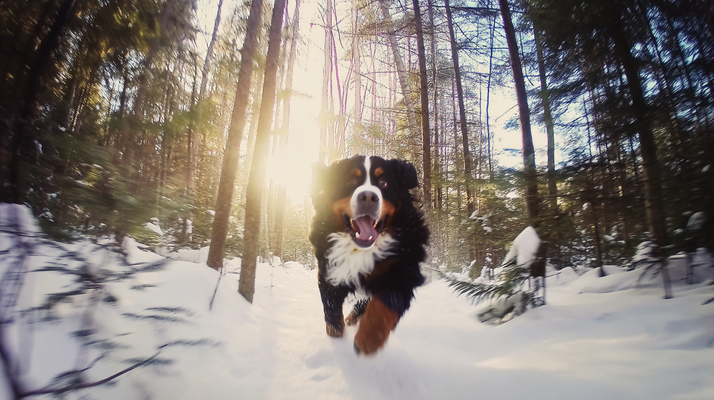 Bernese mountain dog running through snow-covered forest, dramatic backlighting, shot with GoPro HERO, 8mm lens, variable depth of field, cinematic motion blur