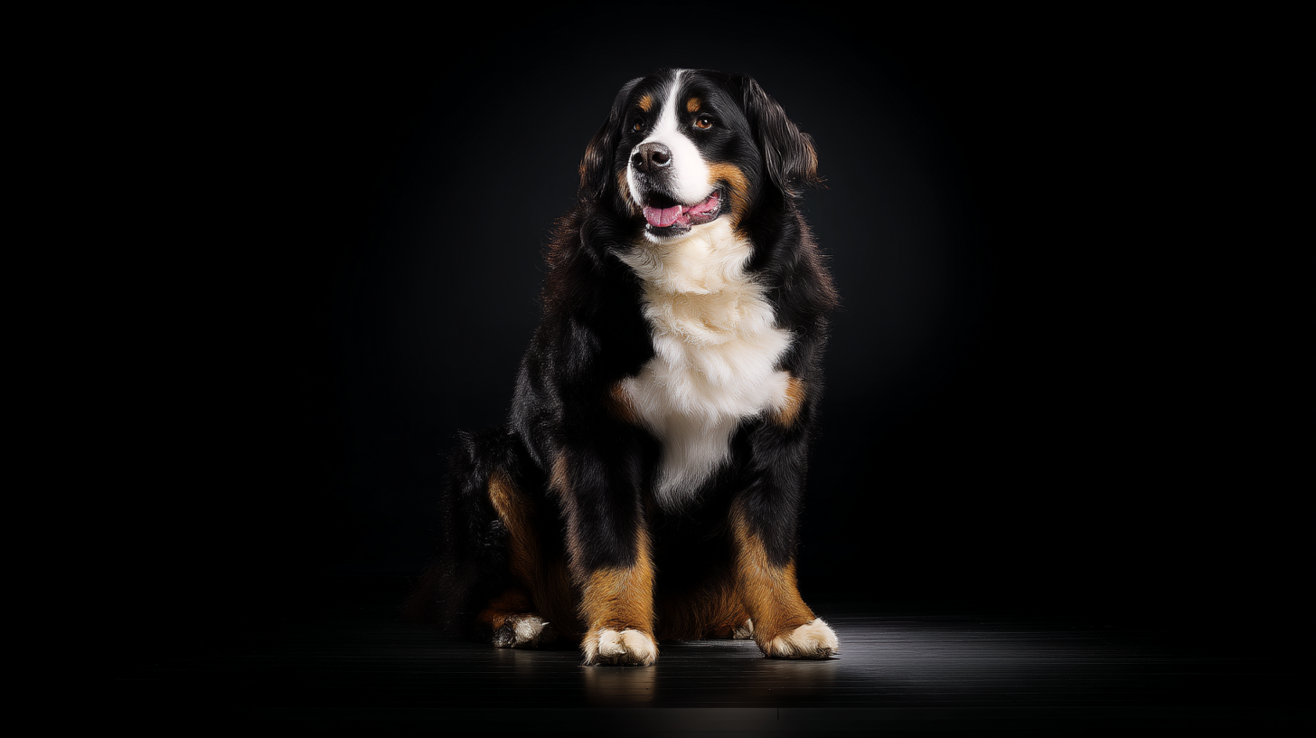 Bernese mountain dog sitting on a black velvet backdrop, dramatic lighting, shot with Hasselblad H6D-100c, 70mm lens, deep depth of field, ultra-detailed, 4K