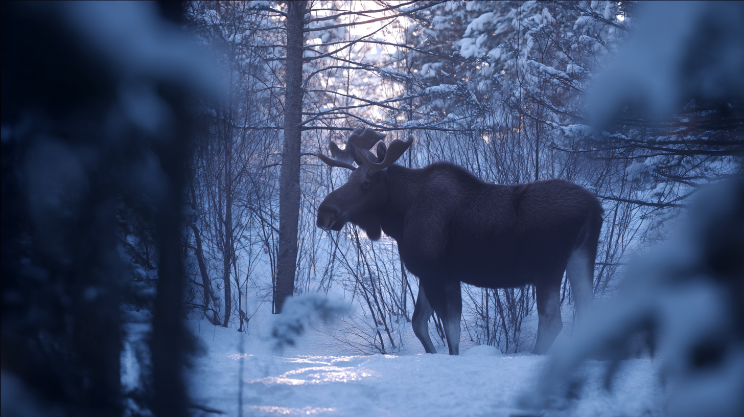 A moose walking through snowy woods during blue hour, side light, cinematic lighting, soft focus background, photorealistic