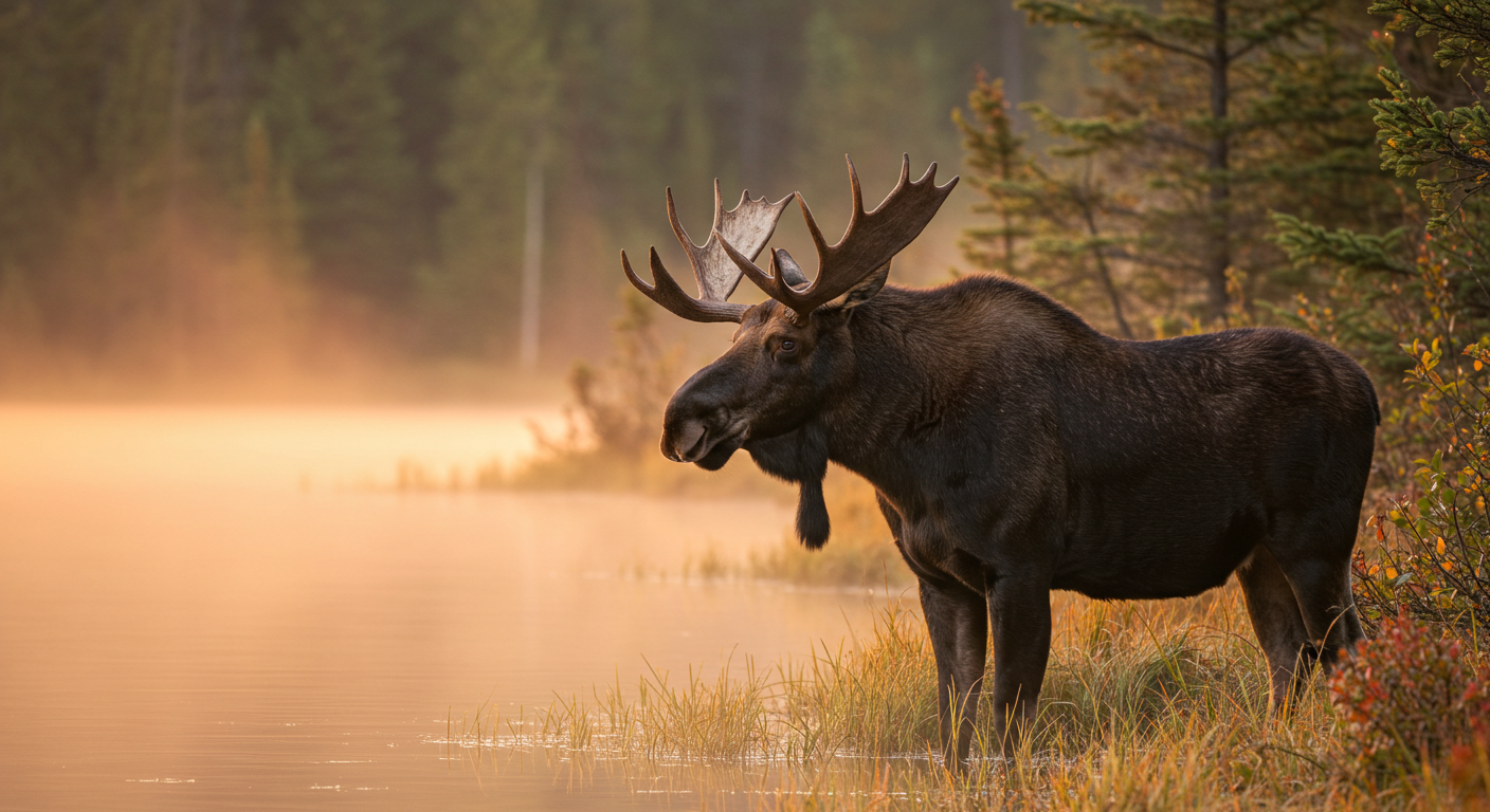 A majestic moose standing by a Canadian lake at sunrise, golden hour, soft natural light, 70mm lens, low depth of field, cinematic realism, camera: hasselblad