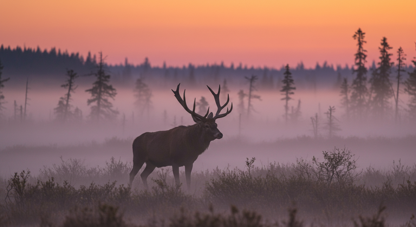 A moose emerging from the forest during twilight, backlight from the horizon, foggy atmosphere, ethereal lighting, photorealistic, 70mm lens