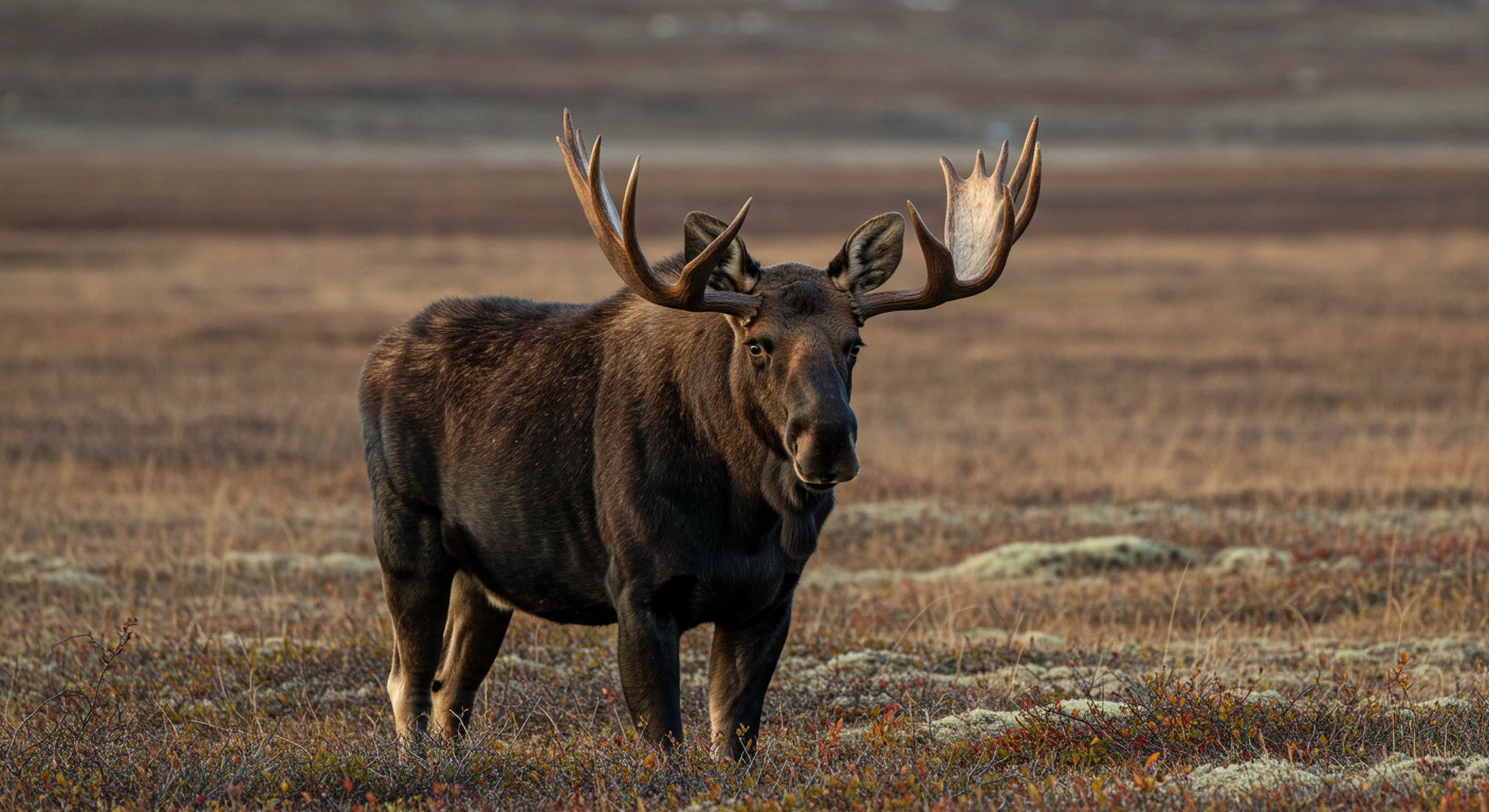 A Canadian moose standing in open tundra under harsh midday sun, hard light, front light, sharp shadows, dramatic realism