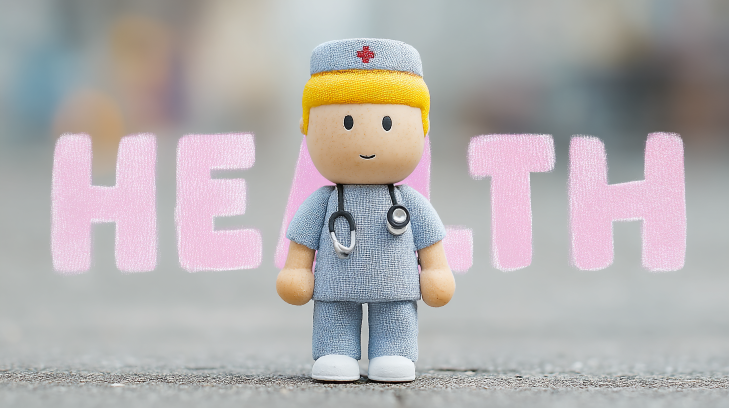 nurse, holding a stetoskop, in a suburb, "HEALTH" written in bold large graffiti style