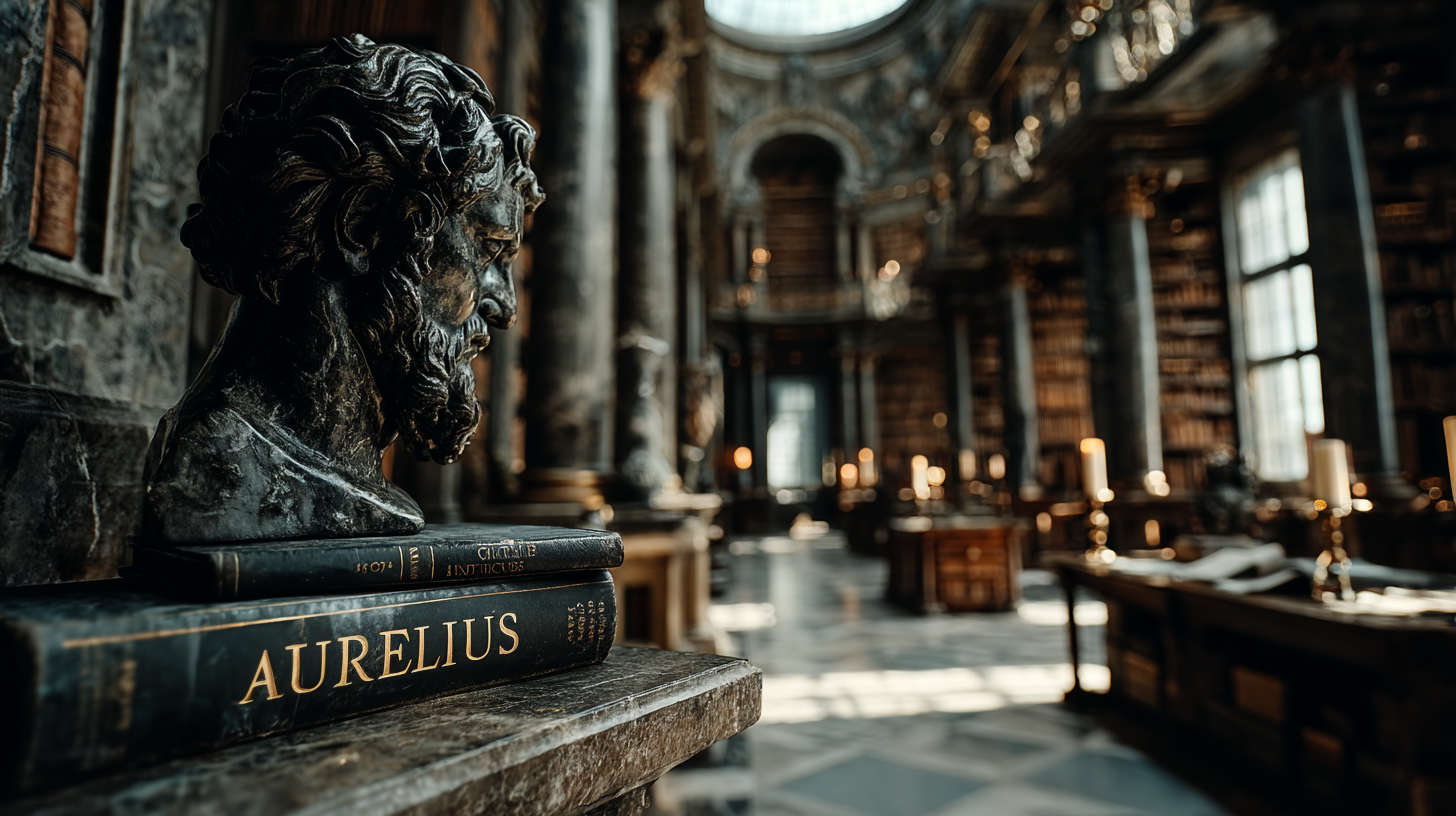 an ancient library interior, chiaroscuro lighting, dust in sunbeam from a high oculus, broken marble statue of a man with closed mouth and open hands, standing alone in the center, cinematic god's eye view descending to eye level, baroque atmosphere, soft depth of field, dramatic shadows and golden highlights, ancient wisdom mood, floating serif text "AURELIUS" in golden letters with aged texture, subtle motion blur, HDR ultra realistic