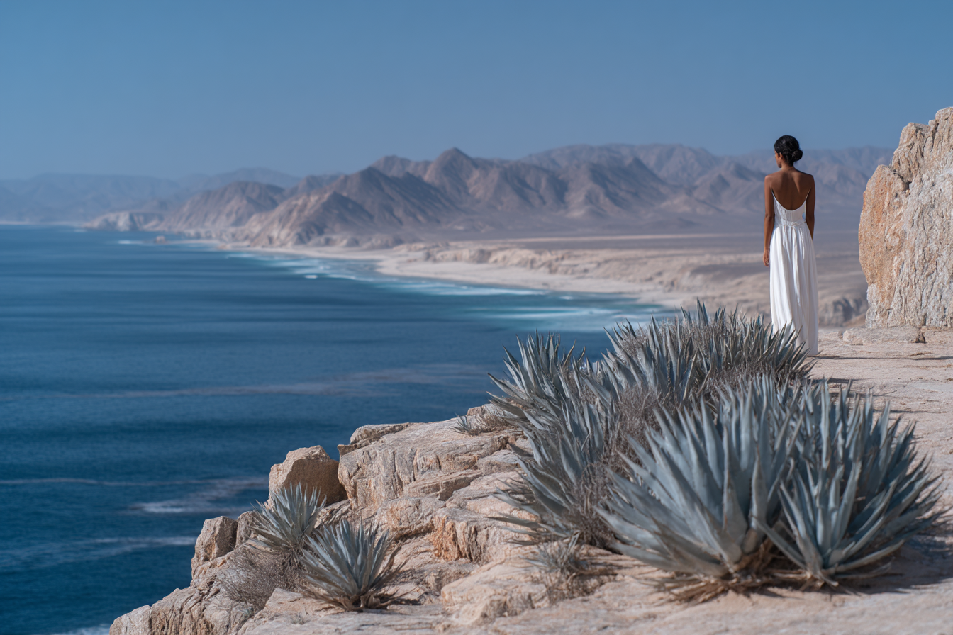 A wide desert landscape with agave plants, a woman in a white dress standing near the center, soft sunlight and the ocean far in the background.