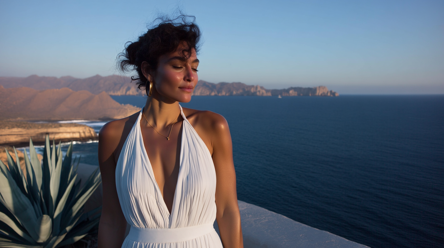 A woman in a flowing white dress stands among tall agave plants in the desert. The golden afternoon light shines on her silhouette, while the ocean glimmers in the distance.