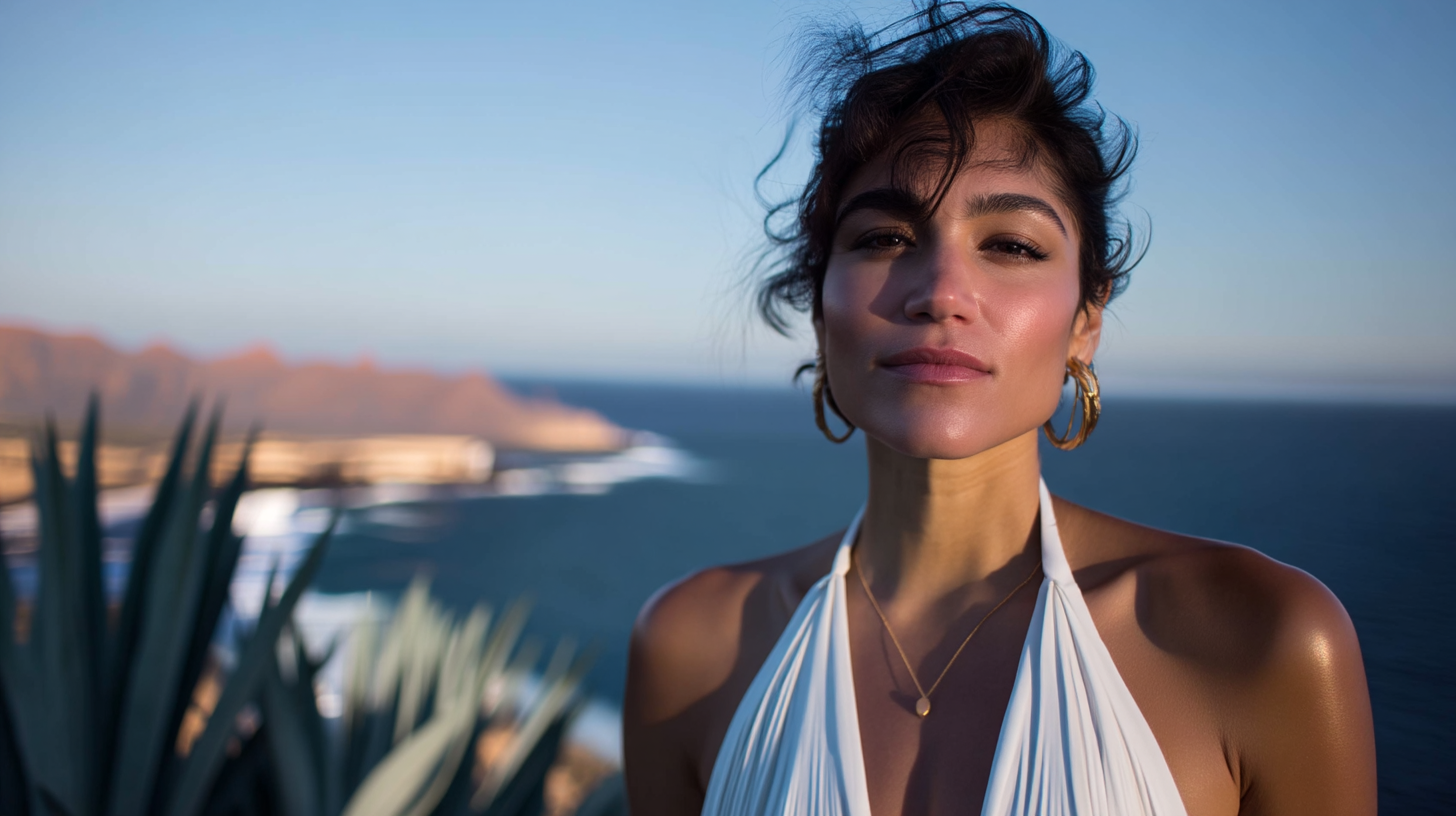 A confident female model in a white designer dress stands in sharp focus, framed by agave plants and glowing desert light. Her posture is elegant, and the camera captures her expression clearly, revealing natural skin with visible pores, fine wrinkles, and subtle veins. No makeup, slight imperfections are preserved. In the blurred background, a hint of ocean appears. deep blur --ar 16:9 --raw --profile wdydmk6 --ow 675 --stylize 750