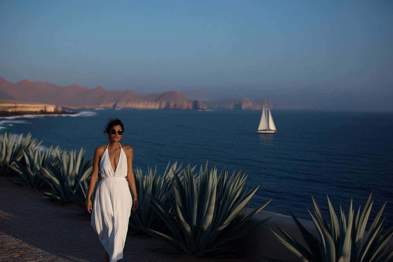 A wide cinematic shot of the female model walking barefoot through the desert, her white dress flowing in the wind, sunglasses, framed by rows of agave plants. The sun sets behind her, casting long shadows across the sand. The ocean shimmers far away, with a sailboat, just visible at the horizon. A story of departure and freedom. Shot on vintage film, warm tones, natural grain, soft lens blur
