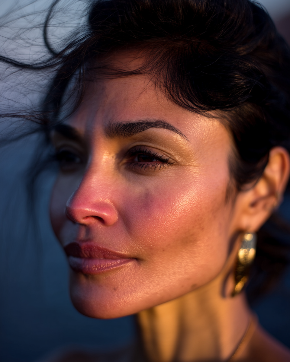 A close-up portrait of the same woman, face turned slightly to the side, wind blowing through her hair. Natural skin with visible pores, fine wrinkles, and subtle veins. No makeup. The golden light reveals every detail, honest and unretouched. The desert behind her fades into blur.