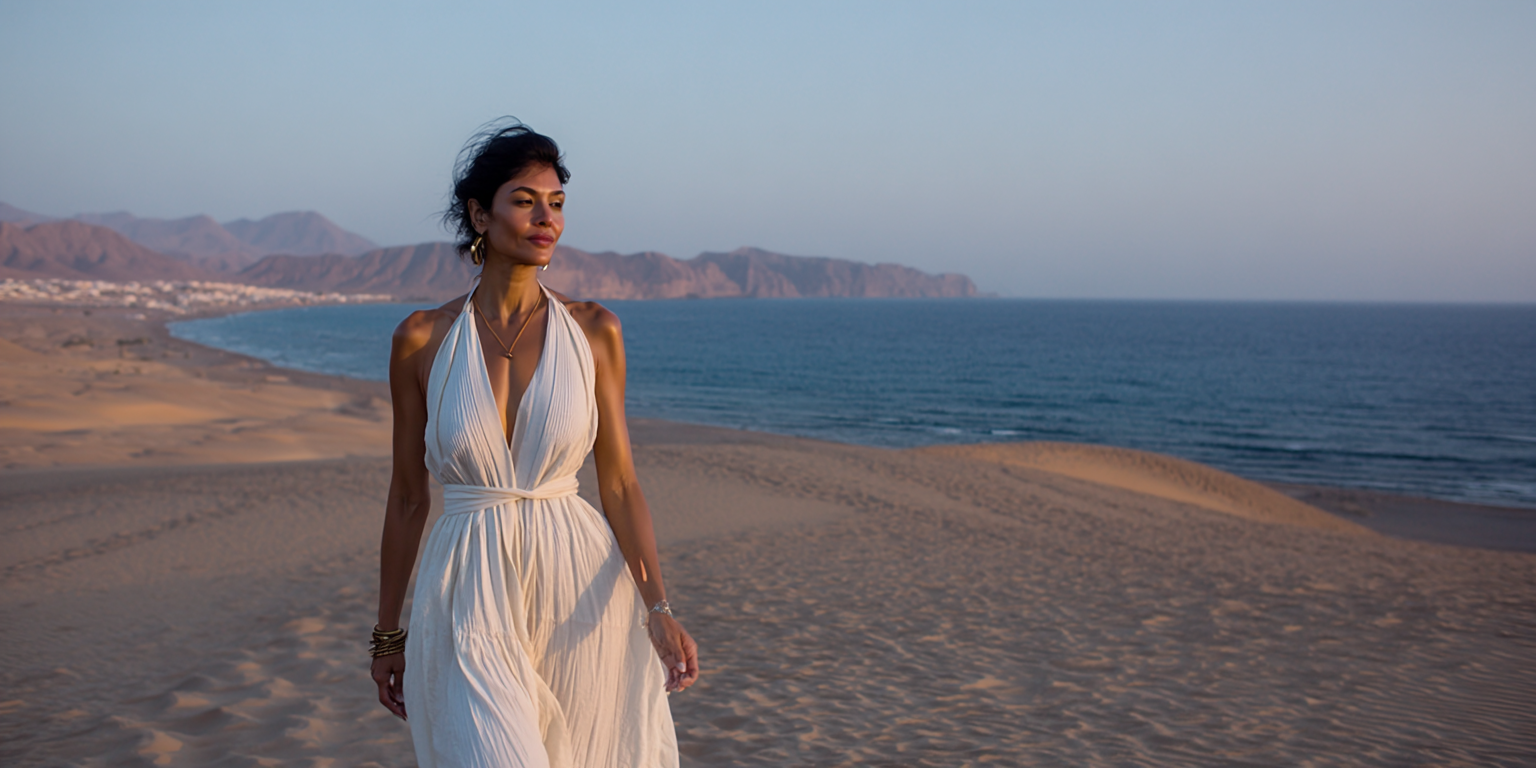 A wide cinematic shot of the same female model walking barefoot through the desert, white dress flowing in the wind. She carries a small map in her hand. The sun sets behind her, long shadows across the sand. In the far distance, the ocean glimmers softly. Shot on vintage film, warm tones, natural grain, cinematic framing. --v 7 --style raw --ar 2:1 --oref https://your-image.jpg --ow 400