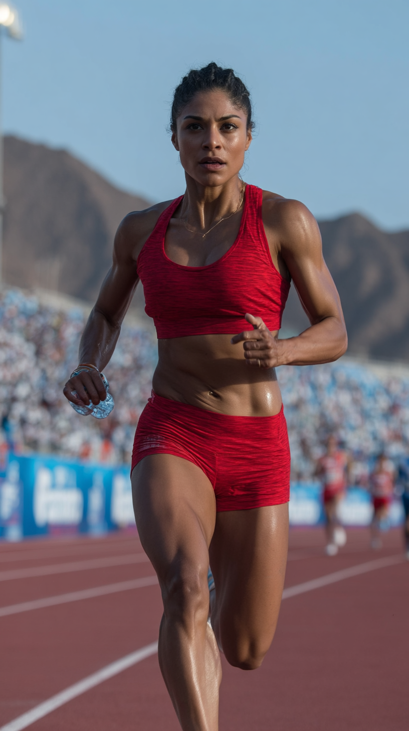A full body shot of the same woman from the reference image, captured mid-sprint on a professional athletics track. She wears a red sports bra and matching shorts, running shoes, and her toned muscles are visible in motion. Her hair is tied back, her face intense and focused, clearly matching the reference image. Stadium lights illuminate the track, with a blurred crowd in the background. Dust rises slightly under her feet as she accelerates. Cinematic motion blur, high-speed photography, dynamic action lighting.