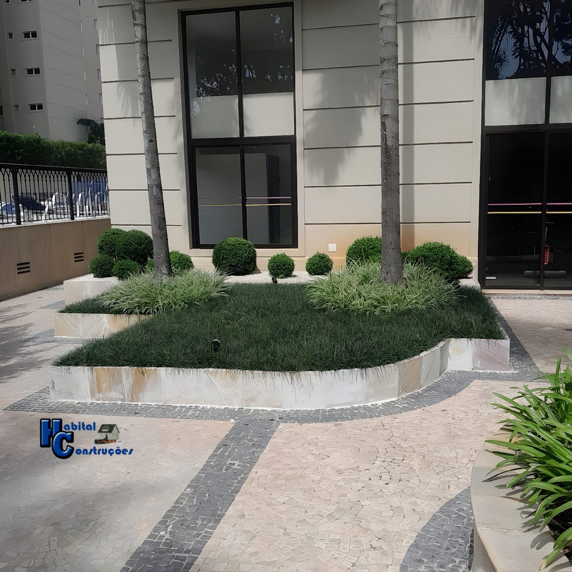 O ambiente é marcado por um paisagismo com plantas de baixo porte. Há uma variedade de arbustos, alguns com formato esférico.
