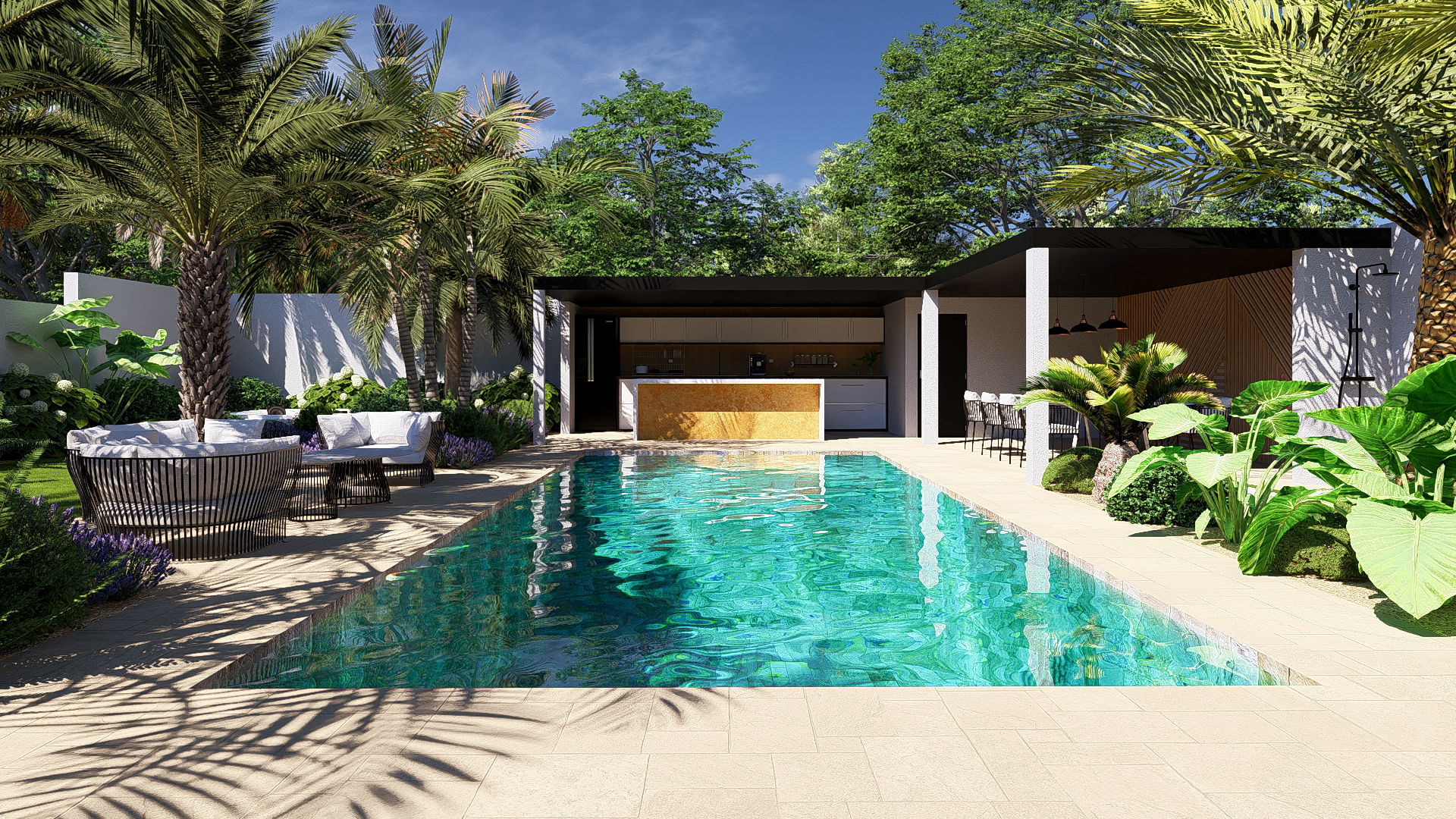 La piscine comme axe central du jardin 