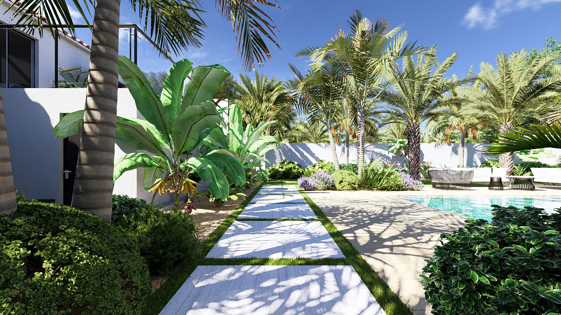 La piscine comme axe central du jardin 