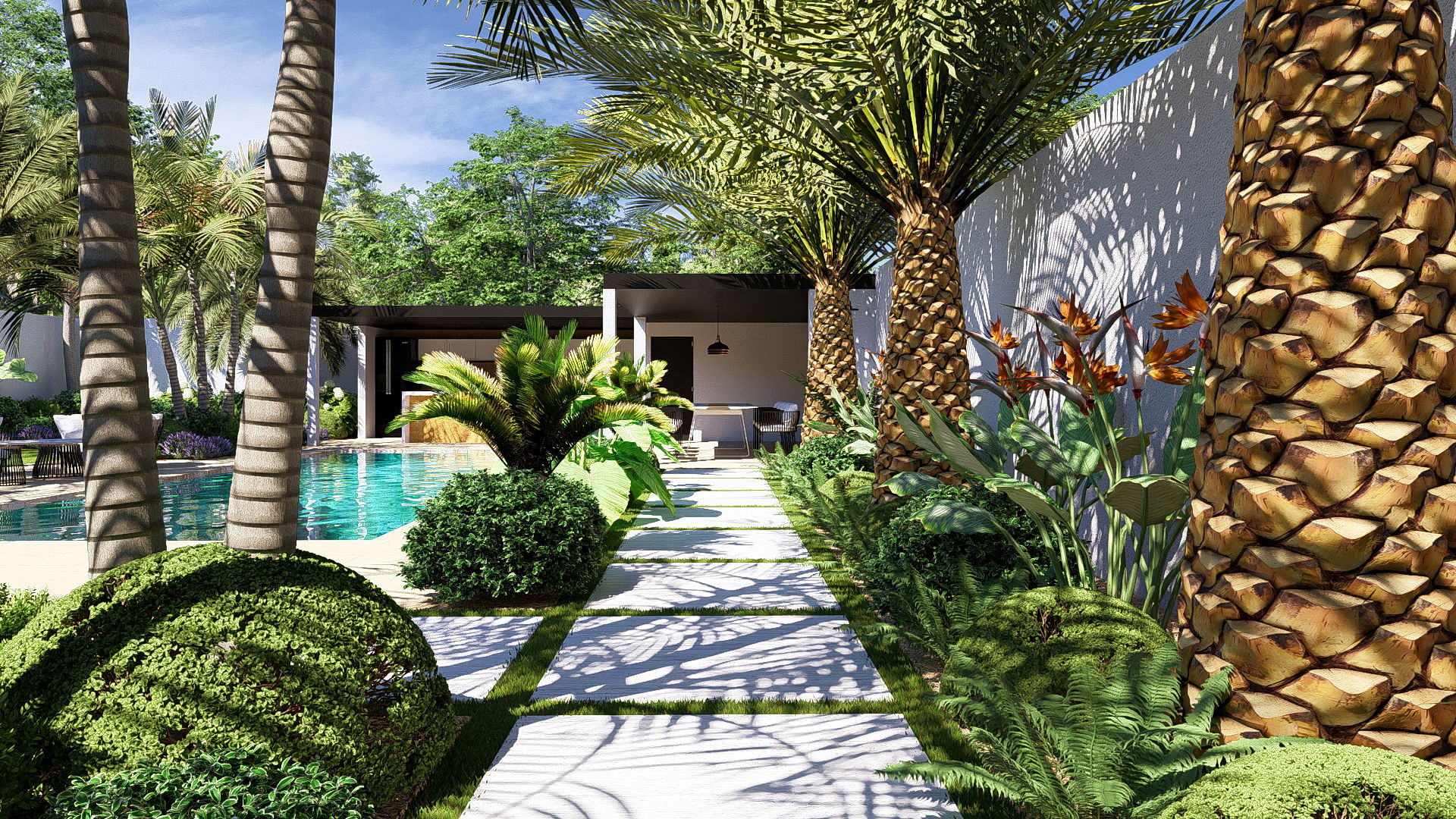 La piscine comme axe central du jardin 