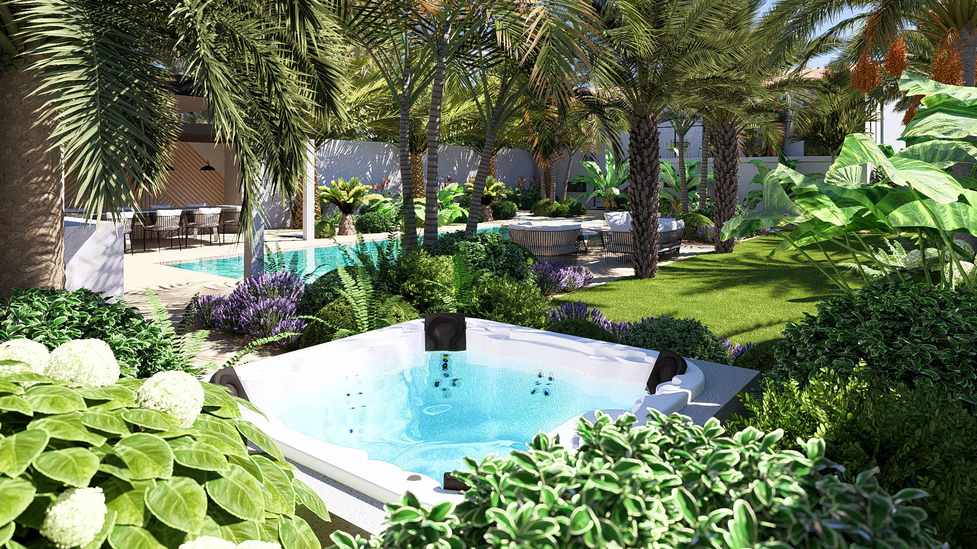 La piscine comme axe central du jardin 