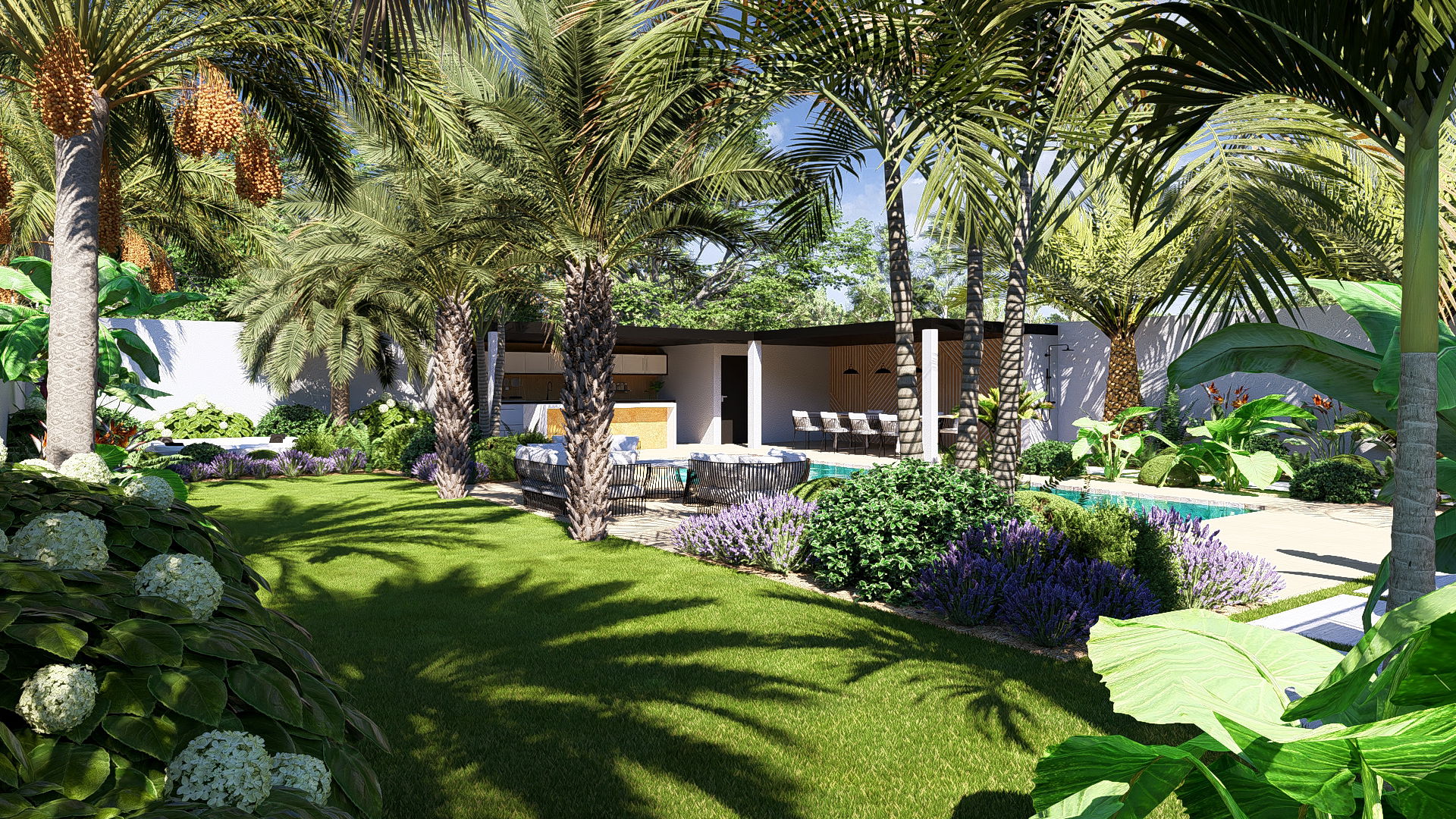 La piscine comme axe central du jardin 