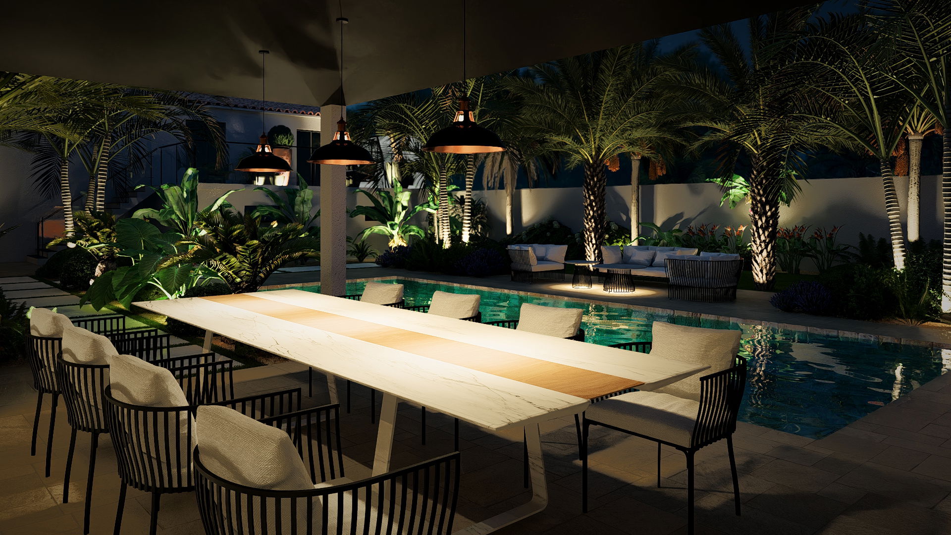 La piscine comme axe central du jardin 