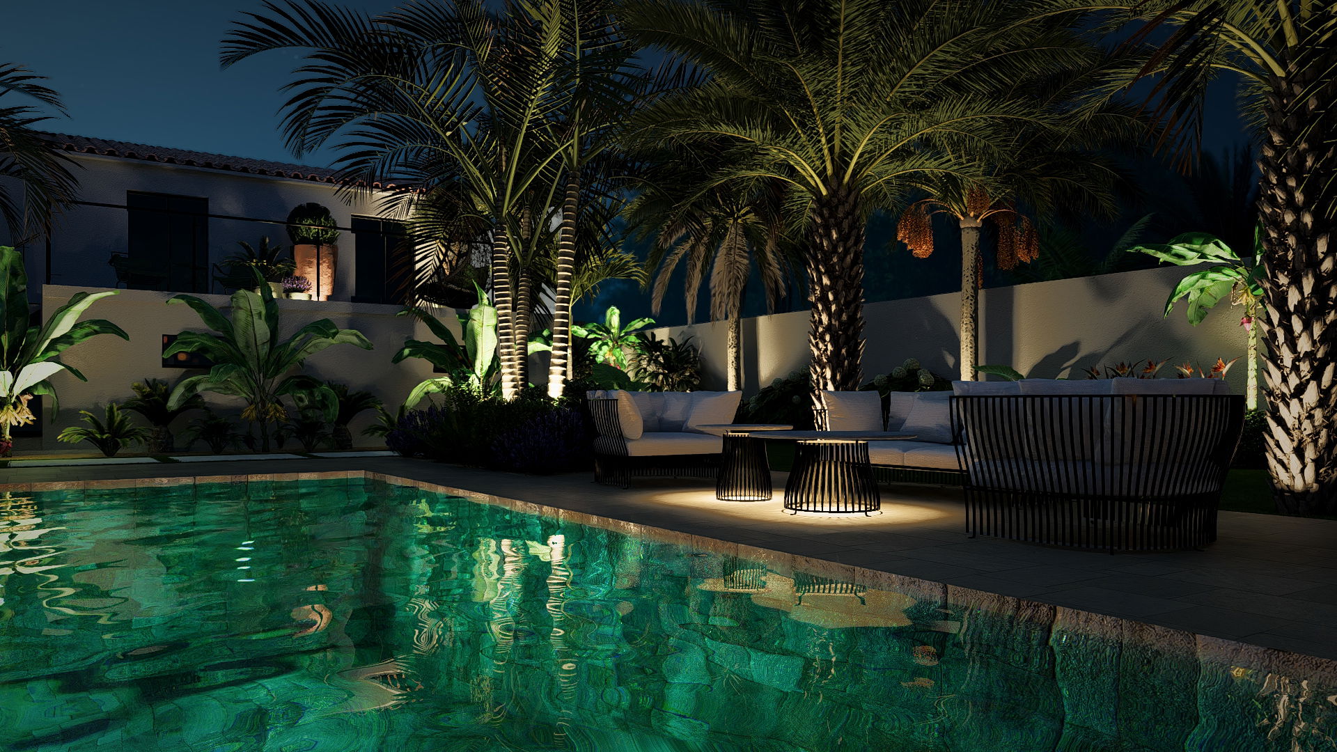 La piscine comme axe central du jardin 