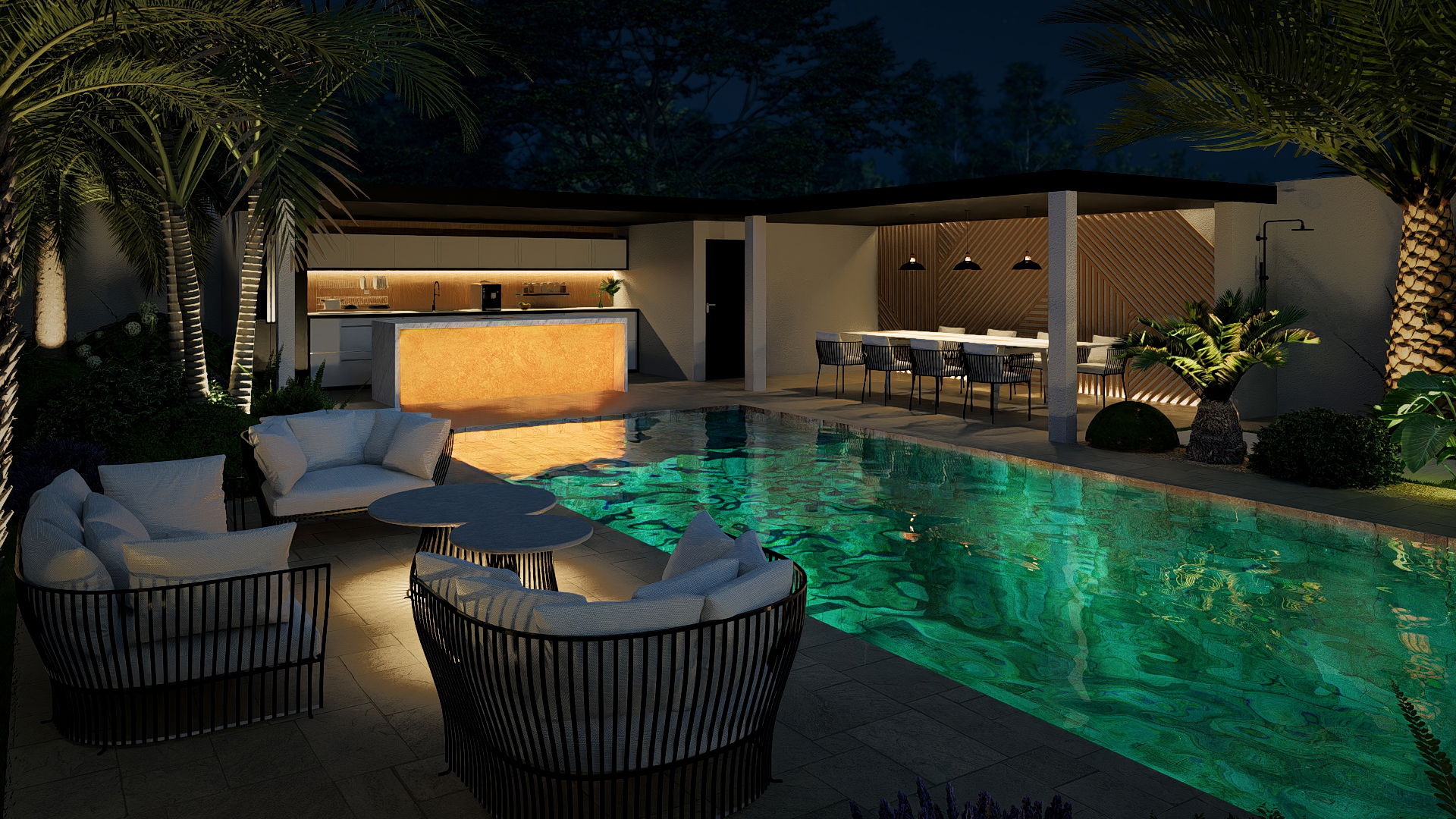 La piscine comme axe central du jardin 