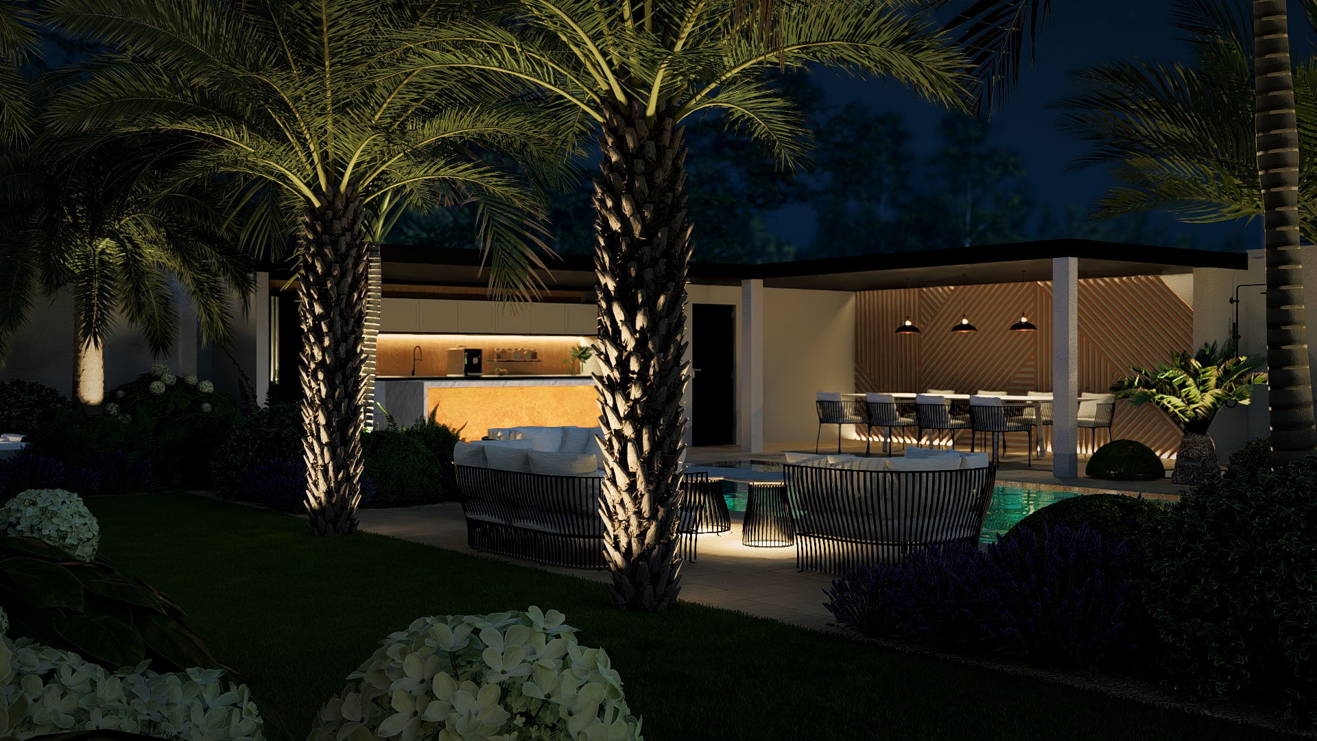 La piscine comme axe central du jardin 