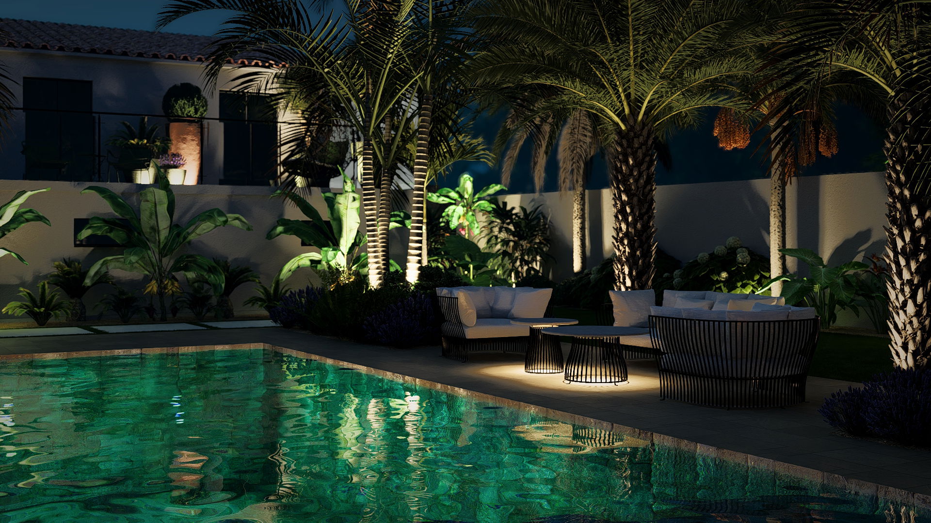 La piscine comme axe central du jardin 