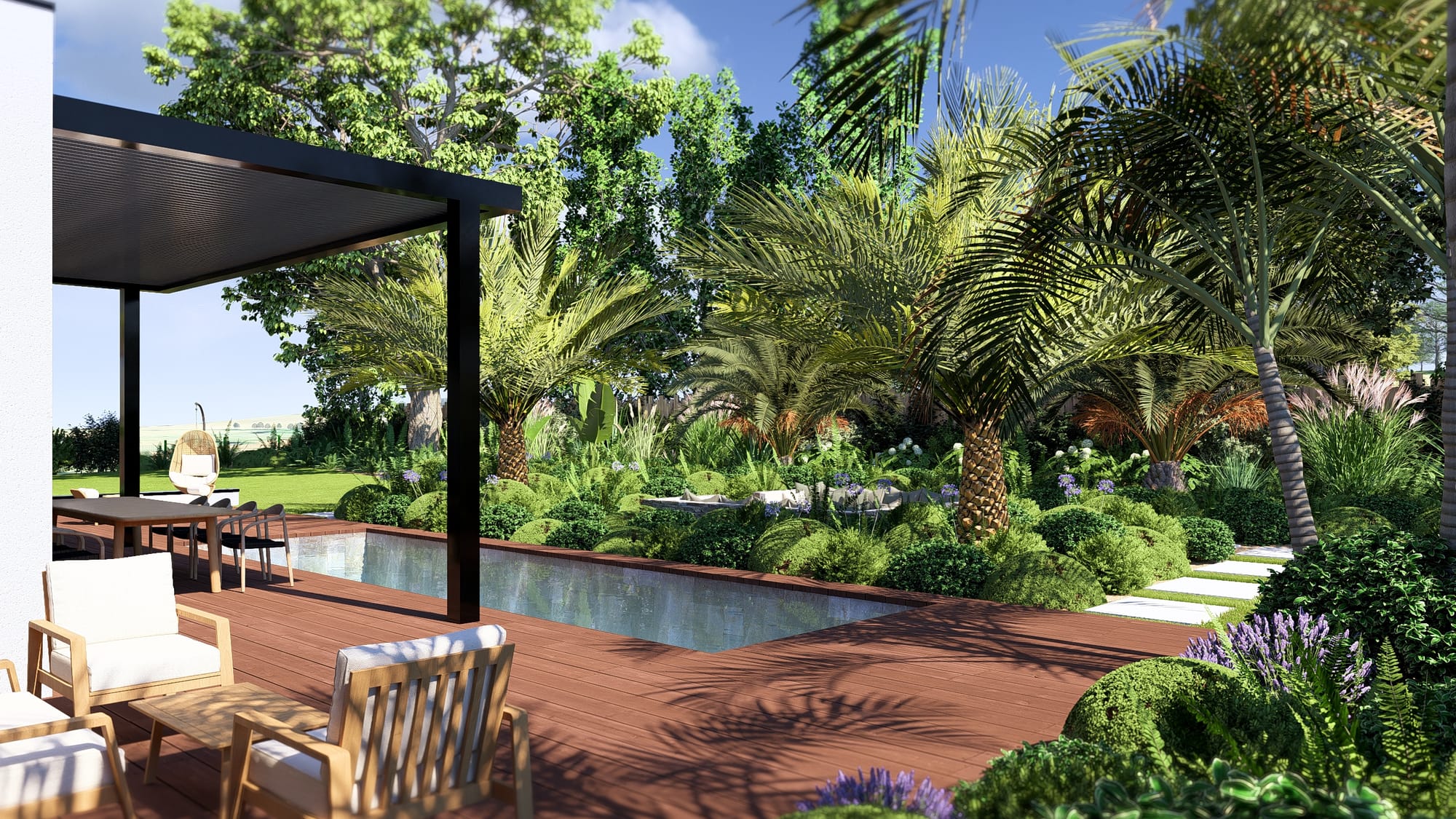 Un salon encastré qui surplombe le jardin