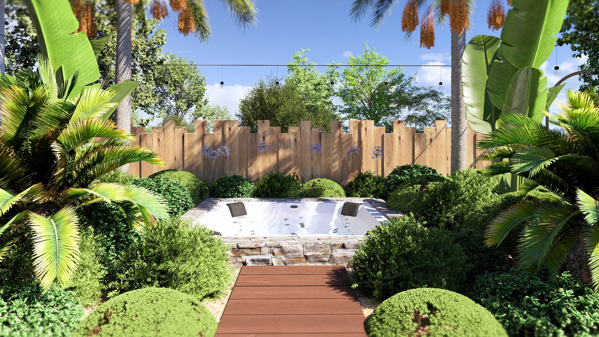 Un salon encastré qui surplombe le jardin