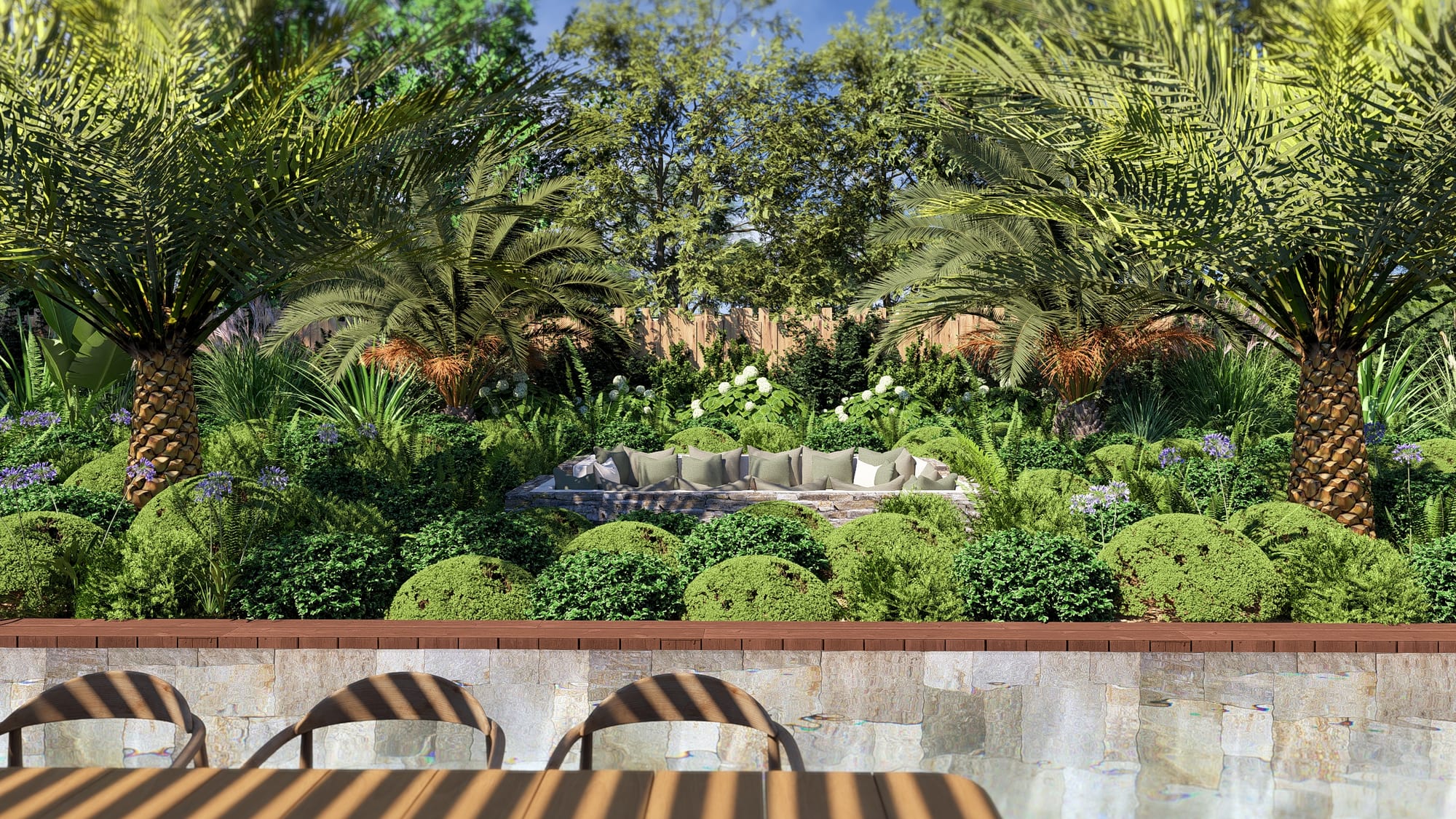 Un salon encastré qui surplombe le jardin