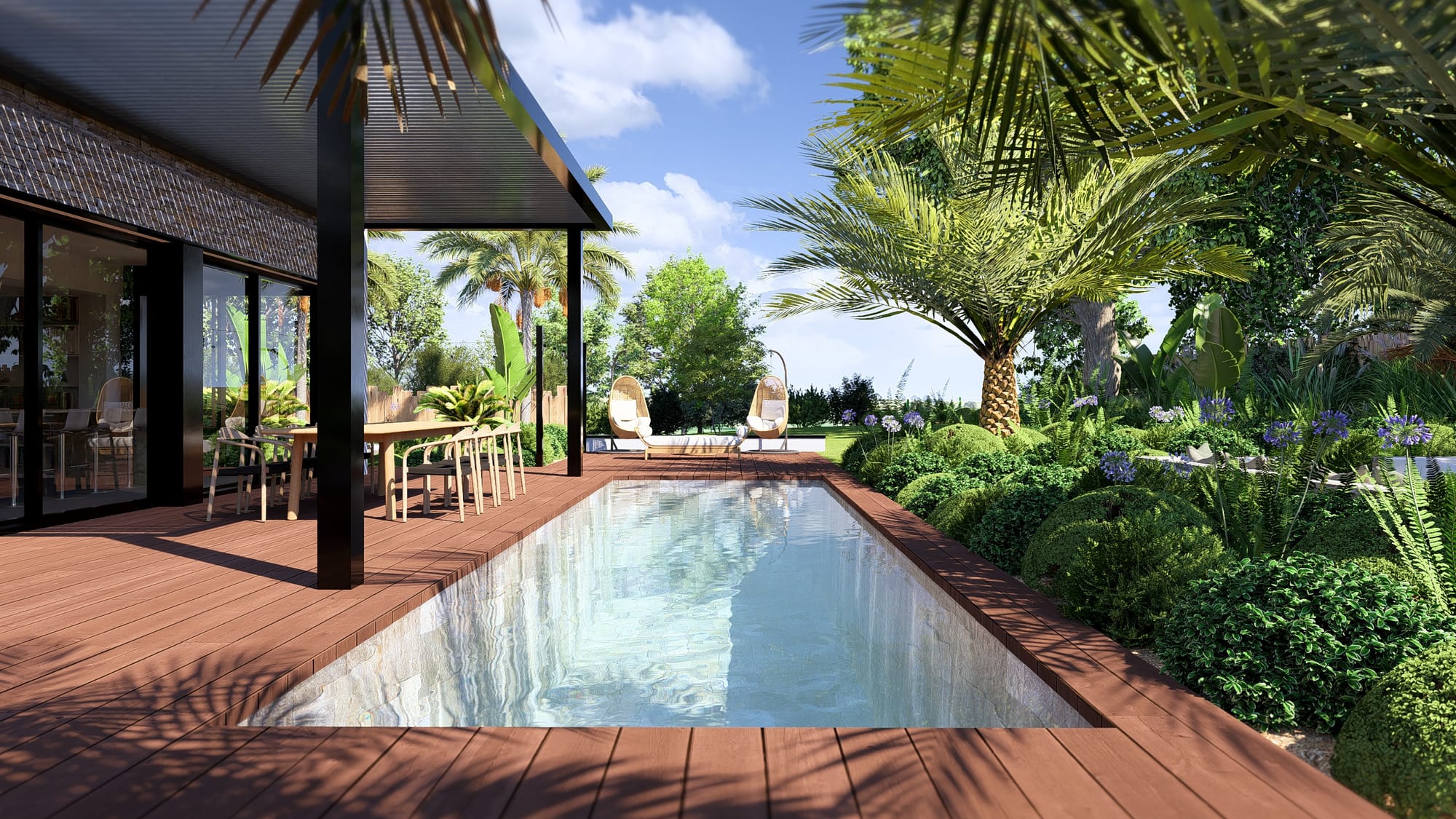 Un salon encastré qui surplombe le jardin