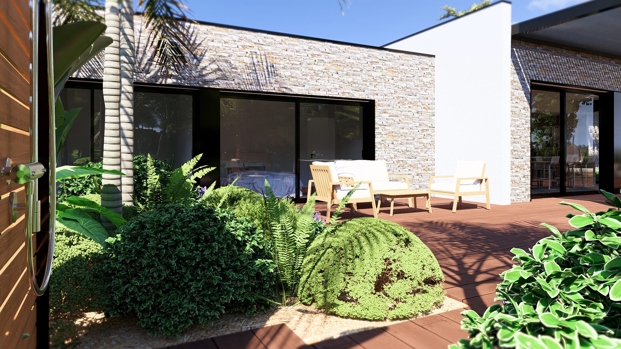 Un salon encastré qui surplombe le jardin