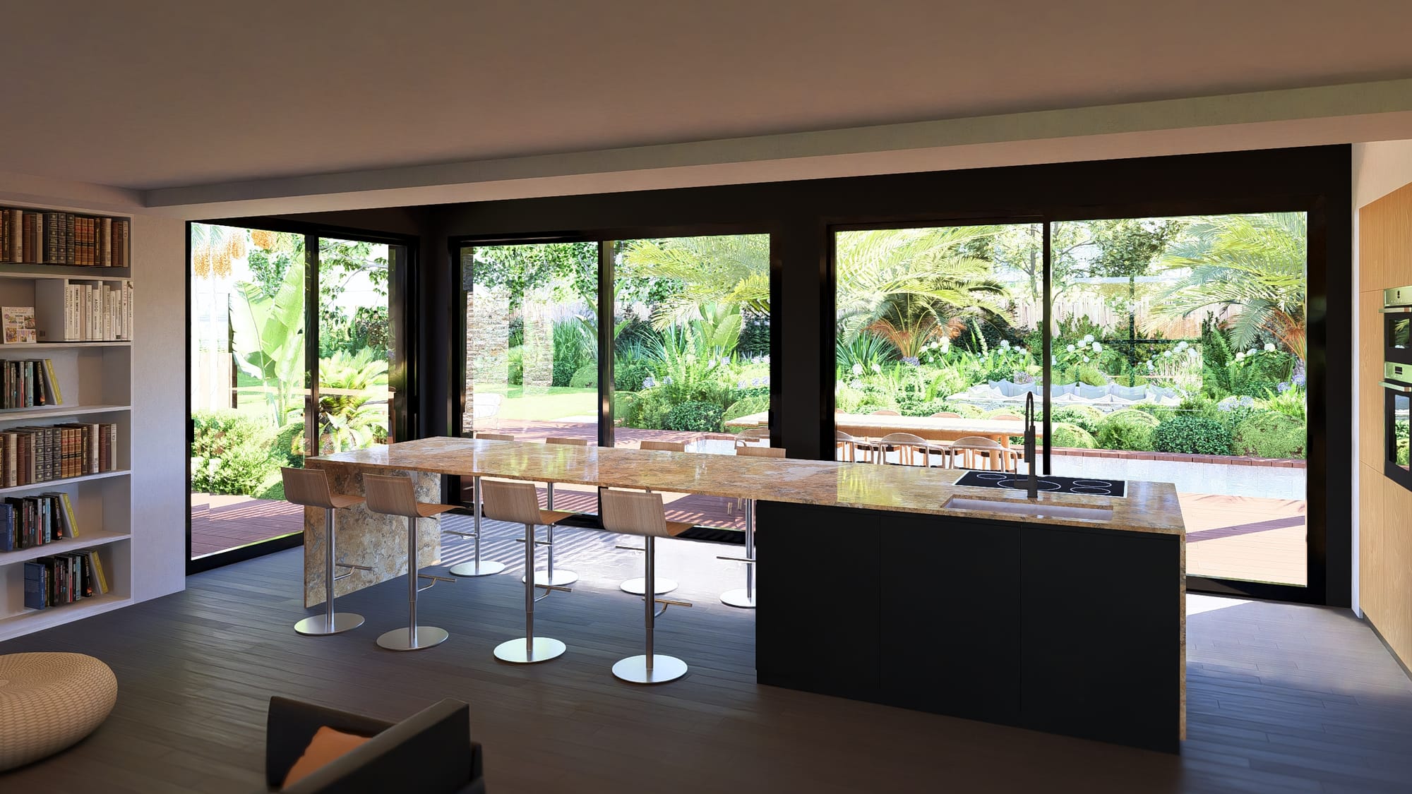 Un salon encastré qui surplombe le jardin