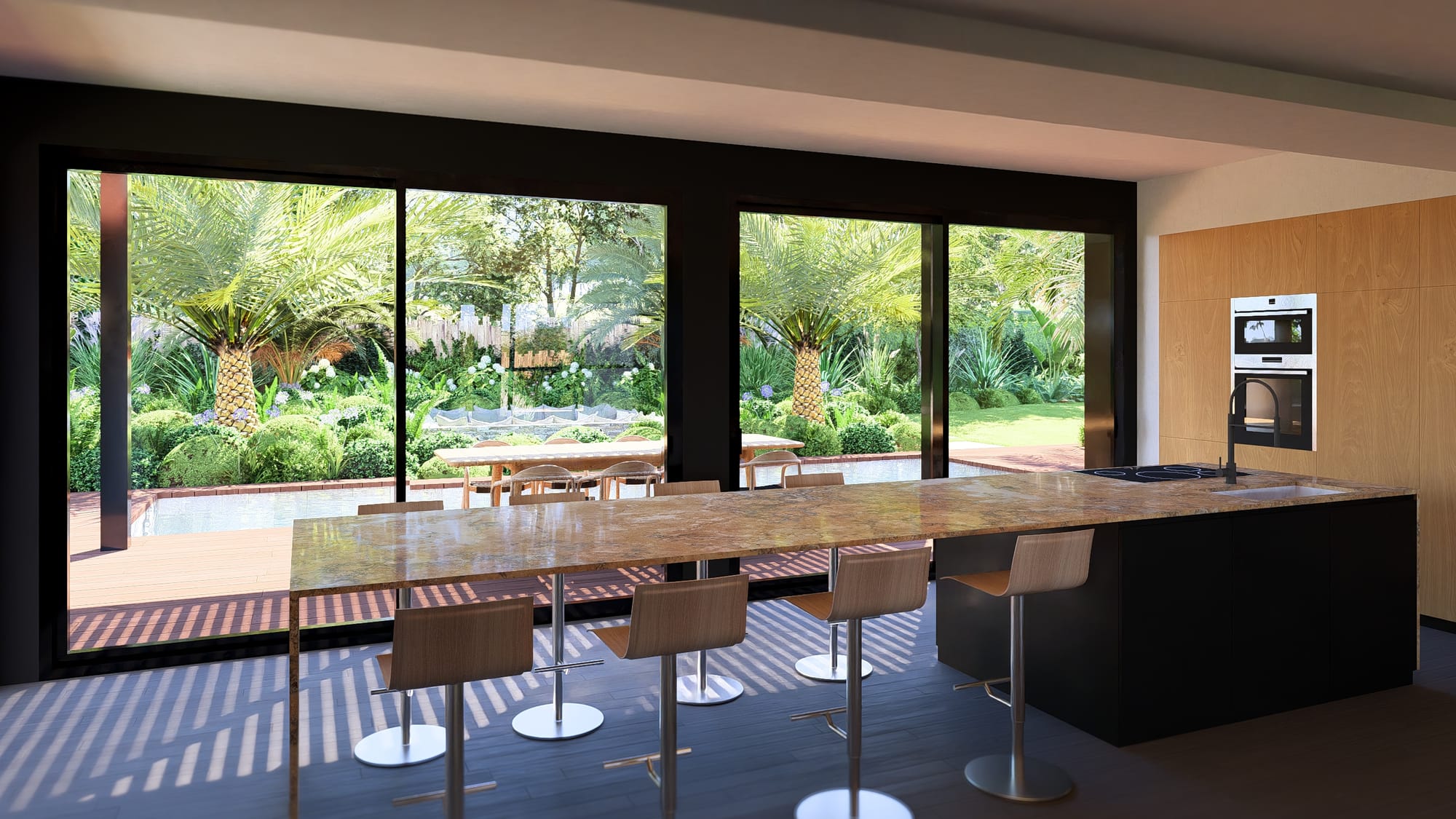 Un salon encastré qui surplombe le jardin