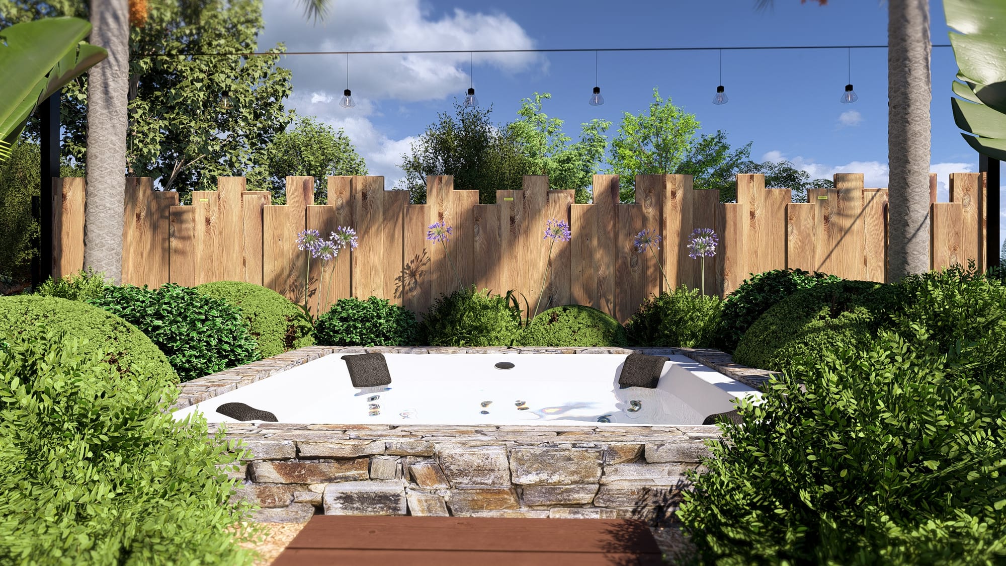 Un salon encastré qui surplombe le jardin