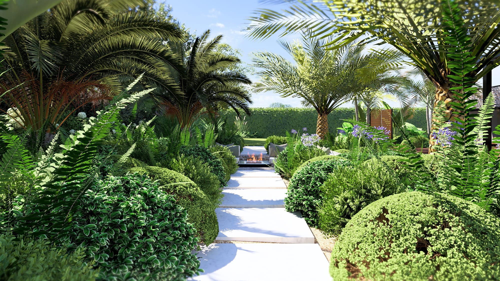 Un salon encastré qui surplombe le jardin