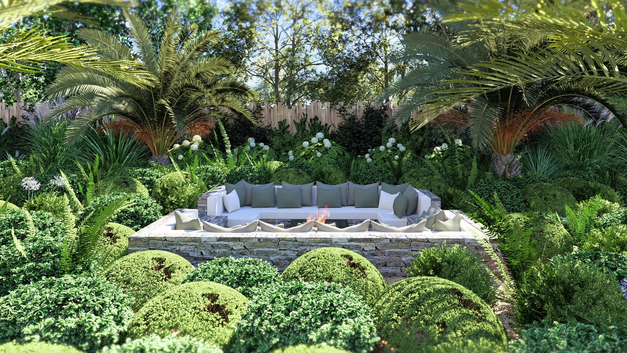 Un salon encastré qui surplombe le jardin