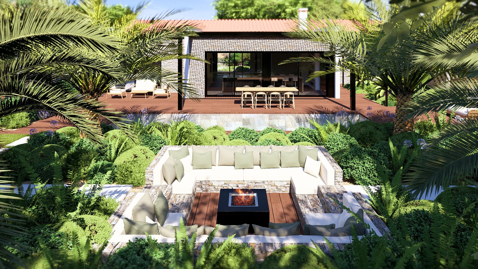 Un salon encastré qui surplombe le jardin