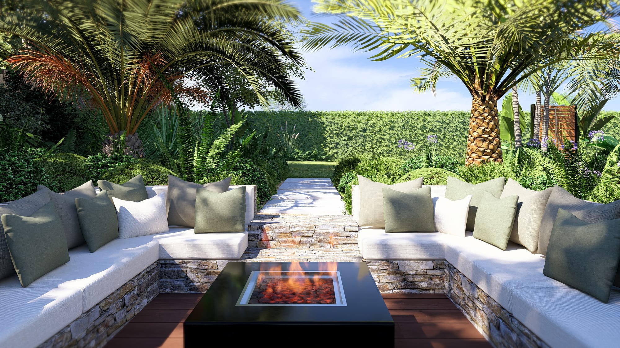 Un salon encastré qui surplombe le jardin