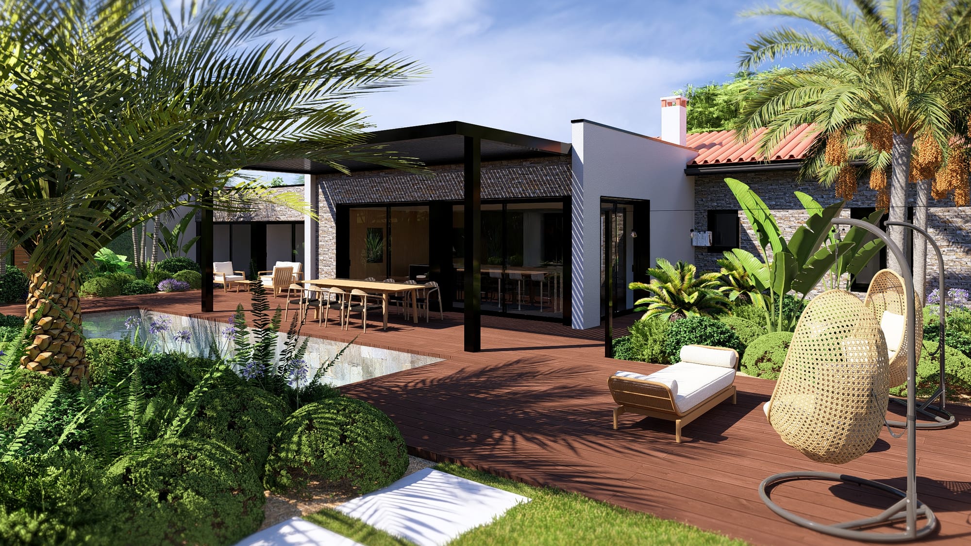 Un salon encastré qui surplombe le jardin