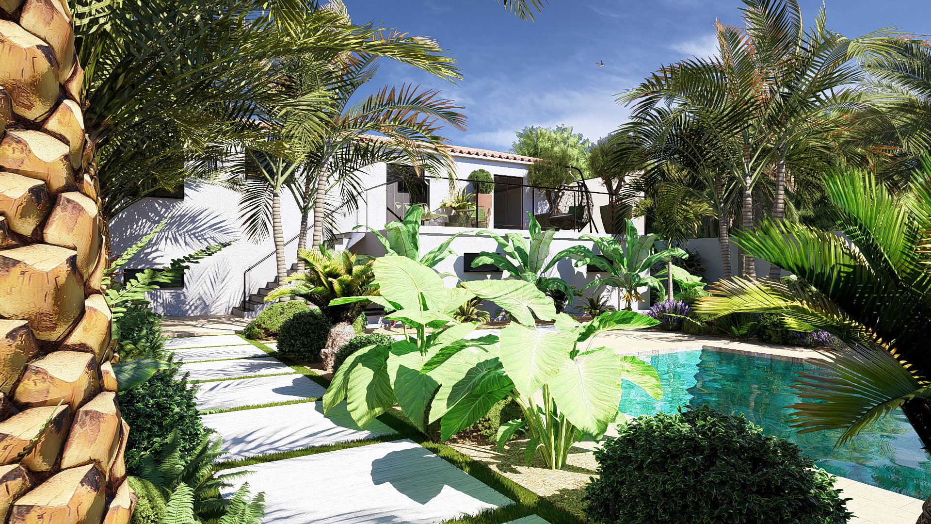 The swimming pool as the central axis of the garden