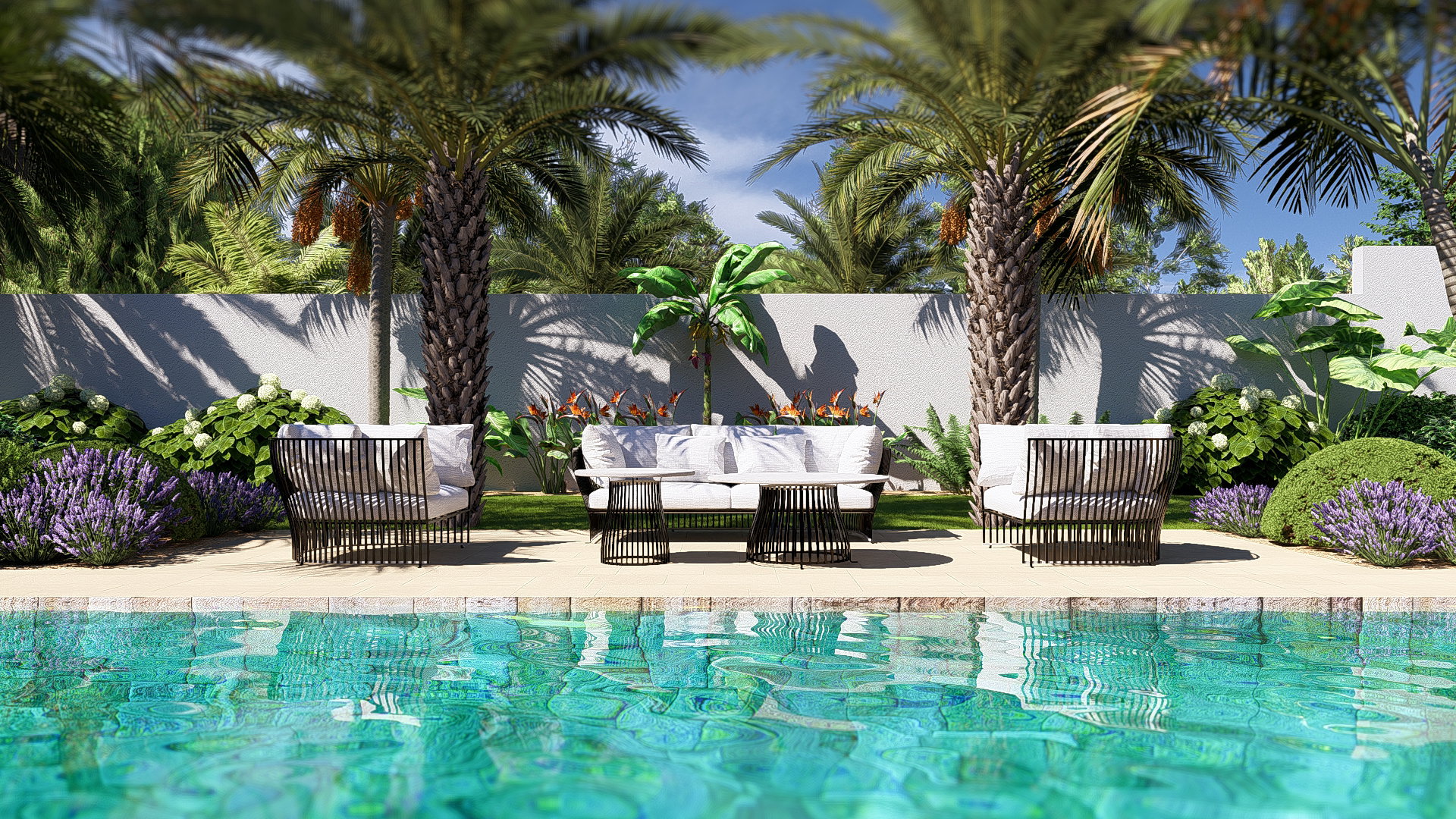 The swimming pool as the central axis of the garden