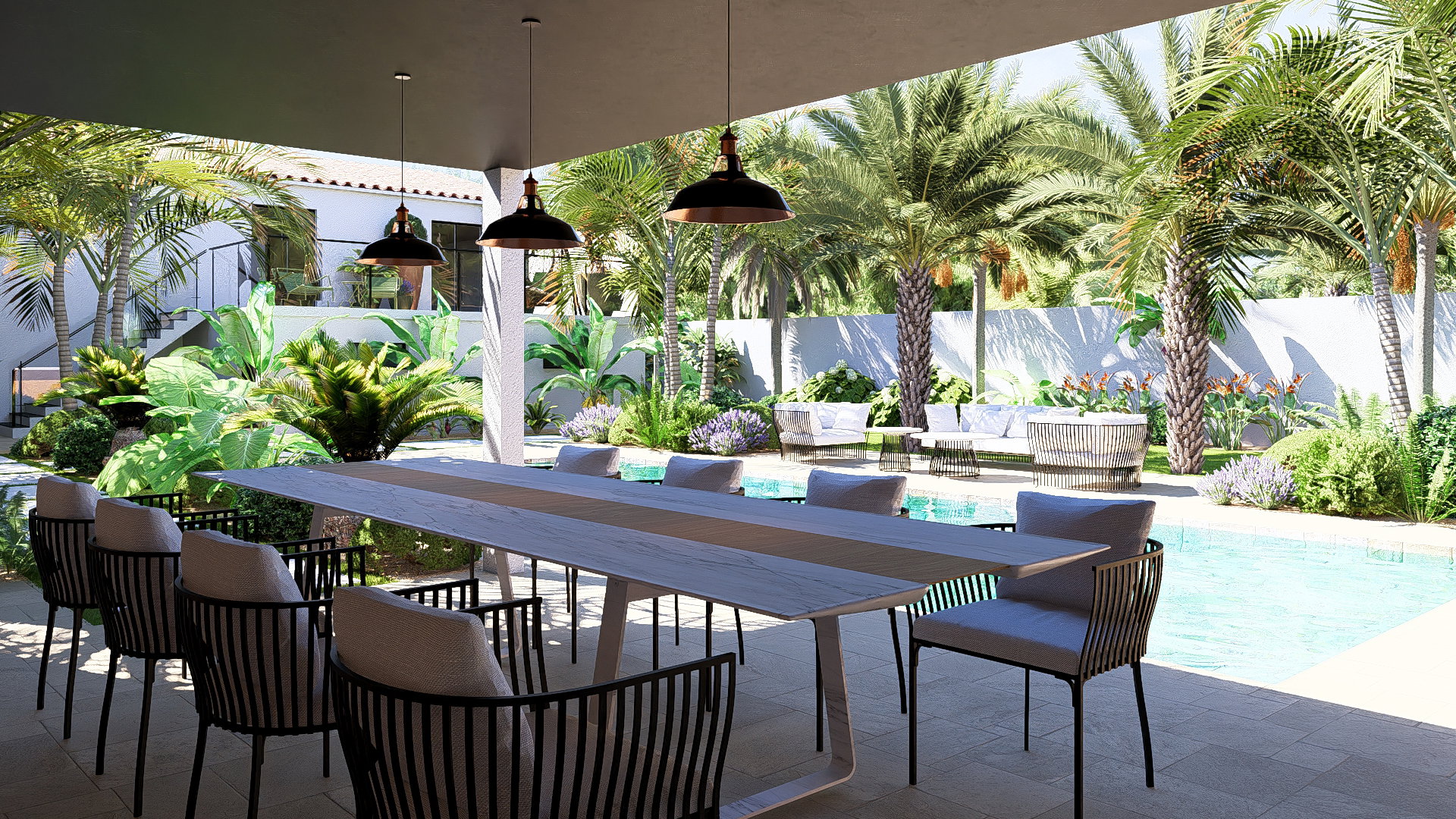 The swimming pool as the central axis of the garden