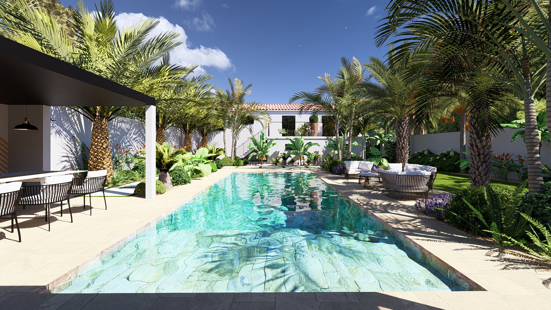 The swimming pool as the central axis of the garden