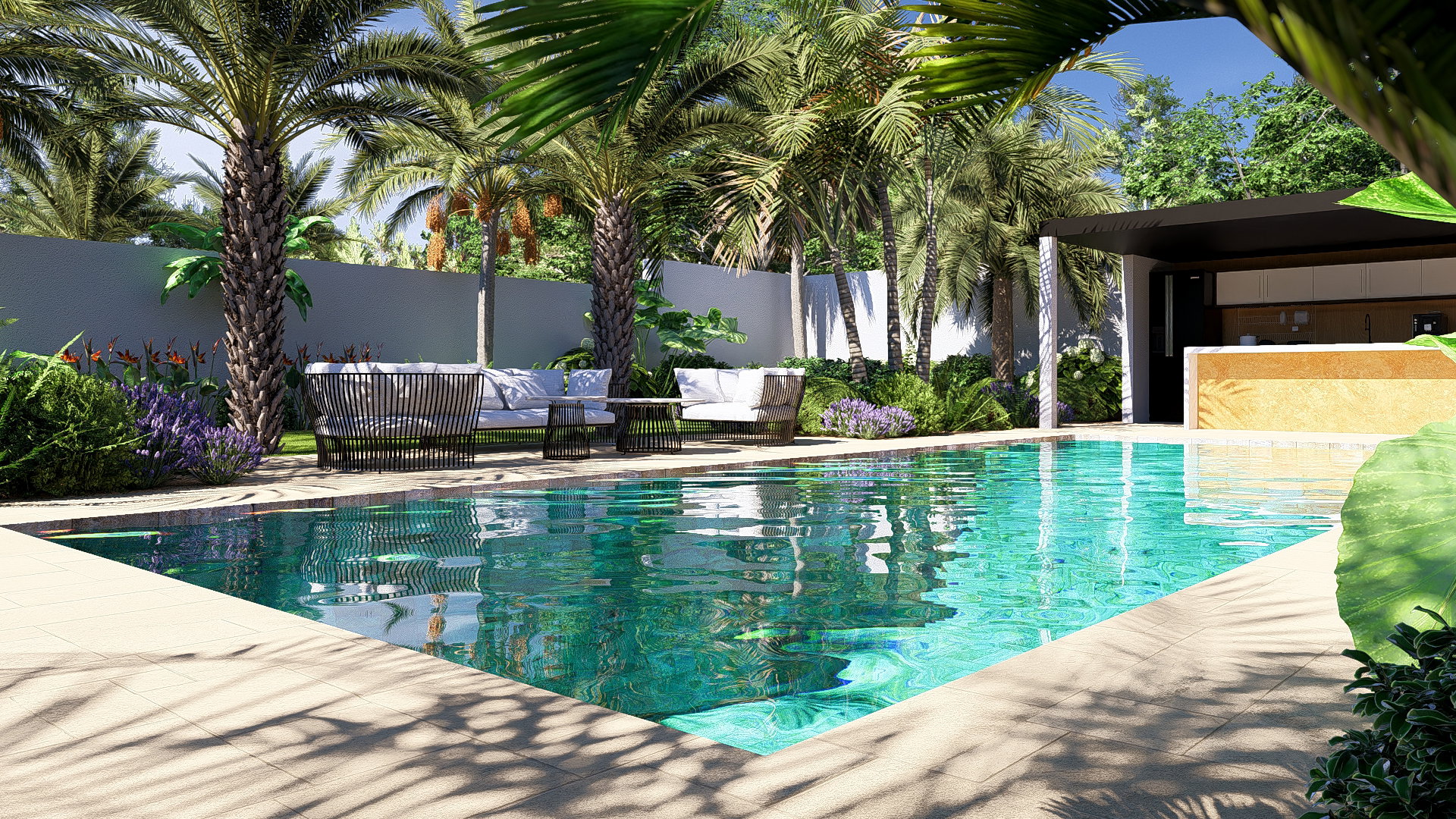 The swimming pool as the central axis of the garden