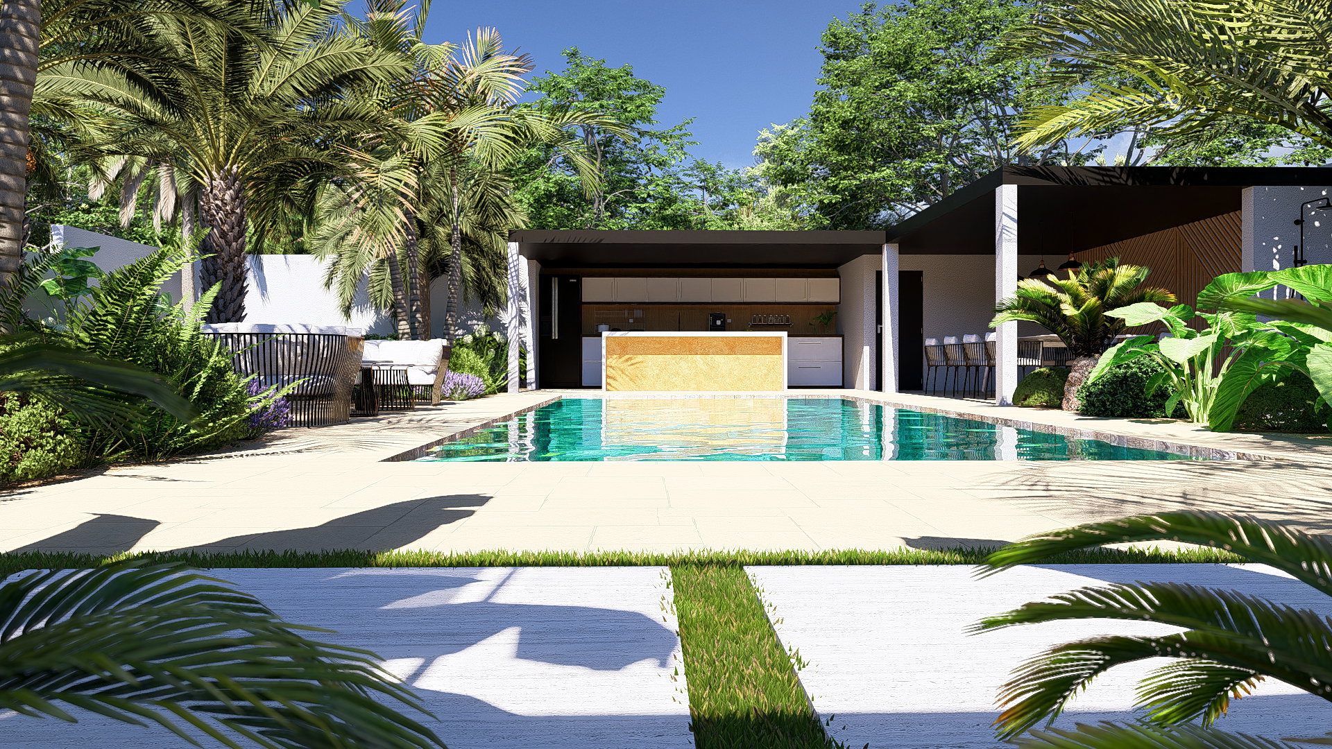 The swimming pool as the central axis of the garden