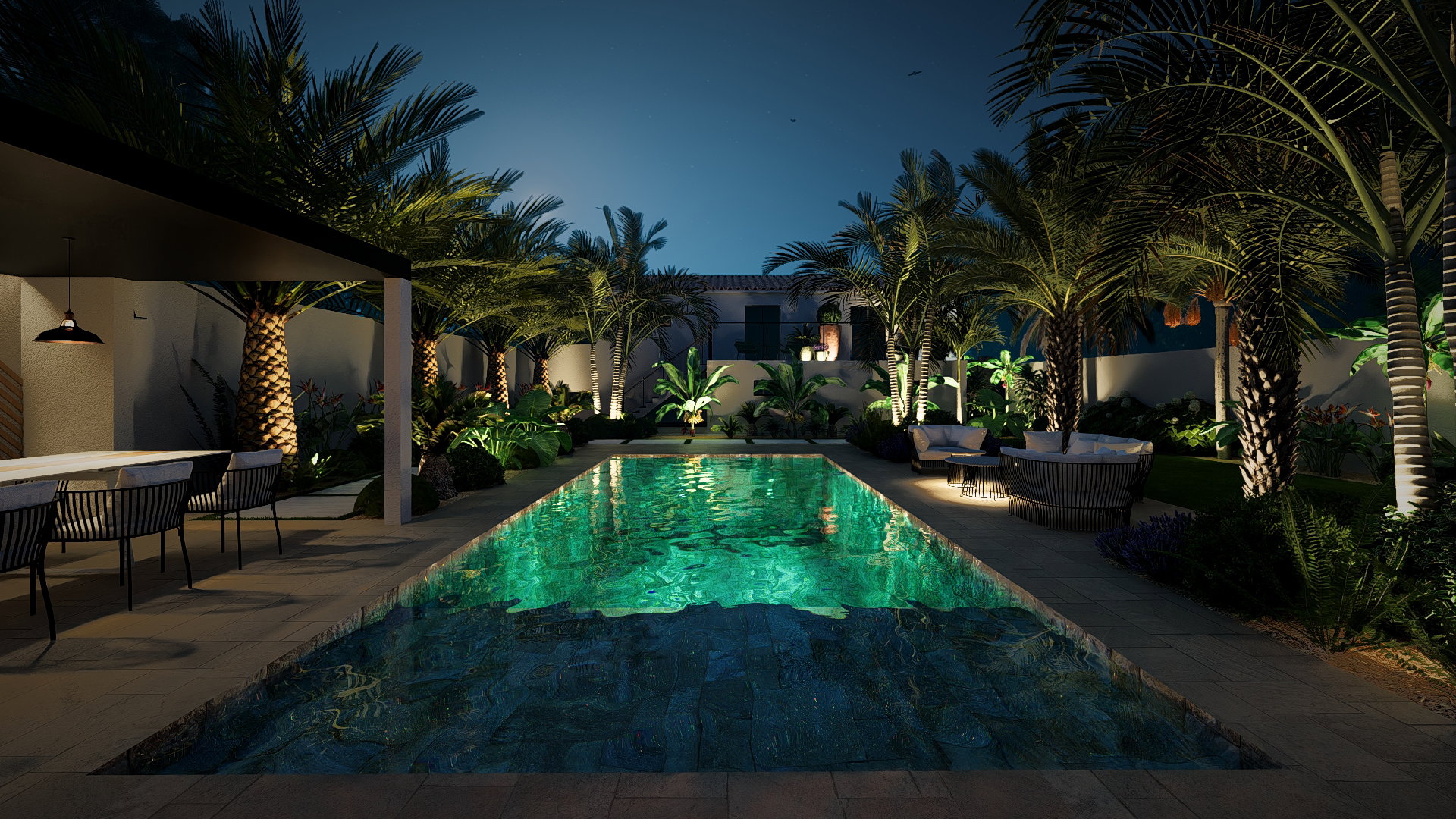 The swimming pool as the central axis of the garden