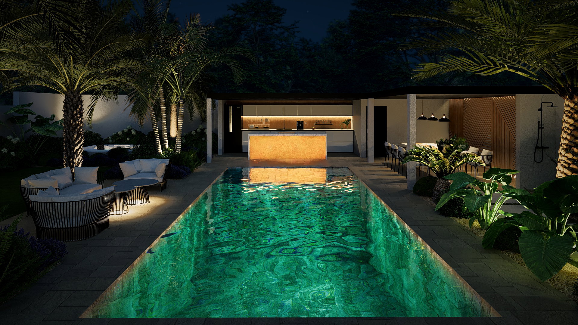 The swimming pool as the central axis of the garden